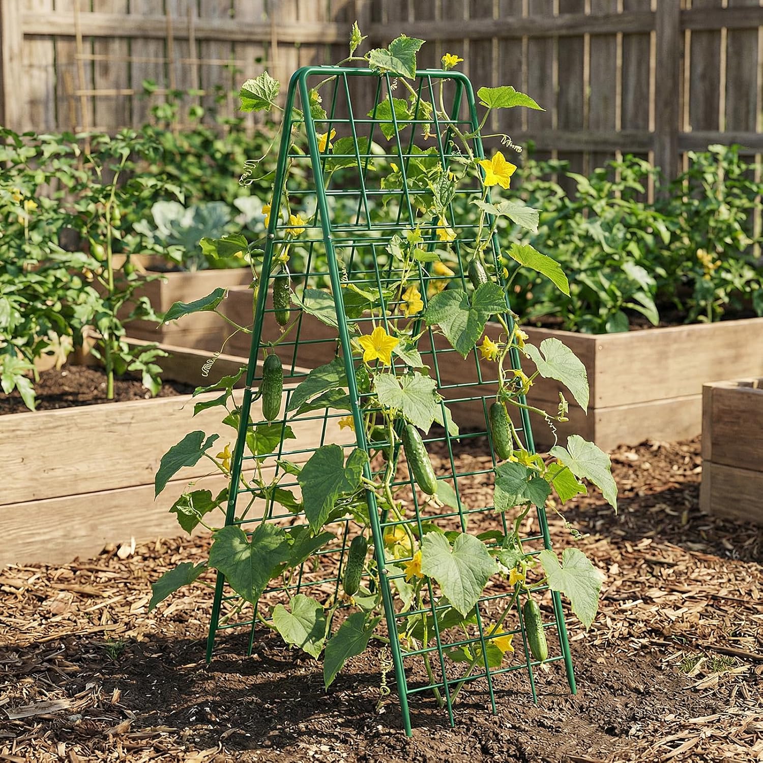 DoCred Cucumber Trellis, 59" H 2 Pack Metal Foldable Thickened A Frame Garden Trellis for Raised Bed Climbing Plants, Vegetables, Including Plant Support Clips, Twist Ties, Plastic Ties, Green