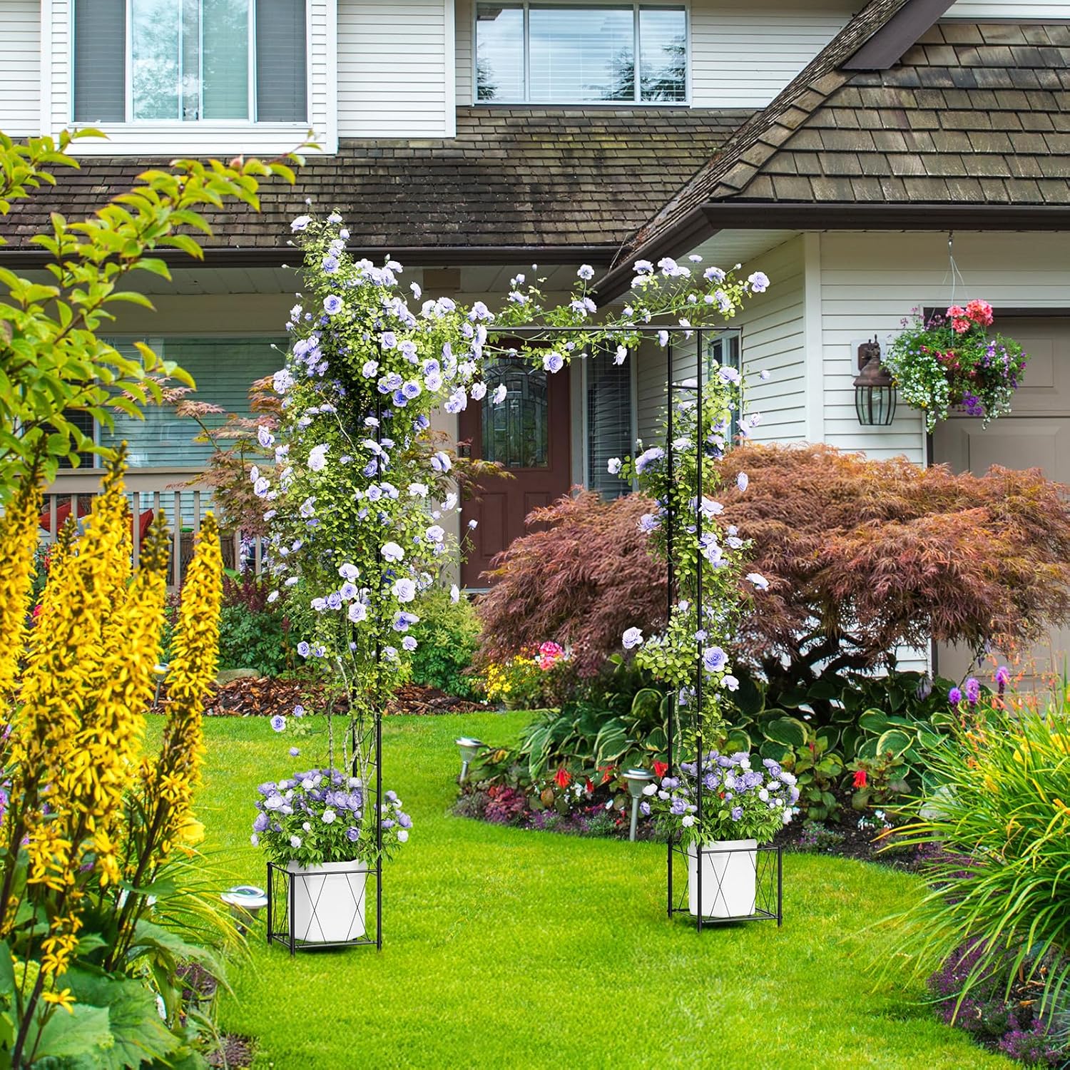 Garden Arch Trellis for Climbing Plants Outdoor 7.7 Ft Metal Garden Arbor with Planter Boxes Wedding Arches for Ceremony Christmas Decorations Pergola for Backyard, Lawn and Patio, Black