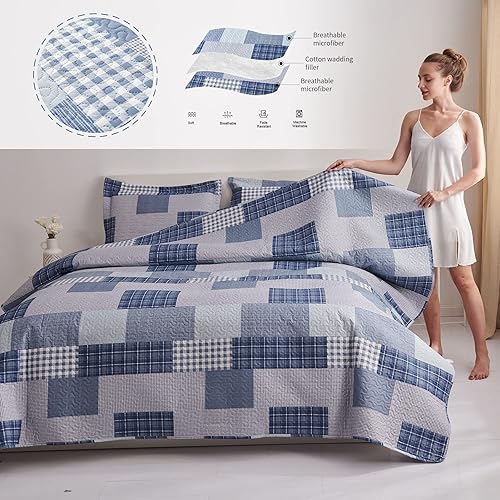 Miniatura 7 de Juego de colcha de tamaño individual a cuadros, ropa de cama individual de retazos grises y azules, colcha moderna y ligera para el hogar, colcha