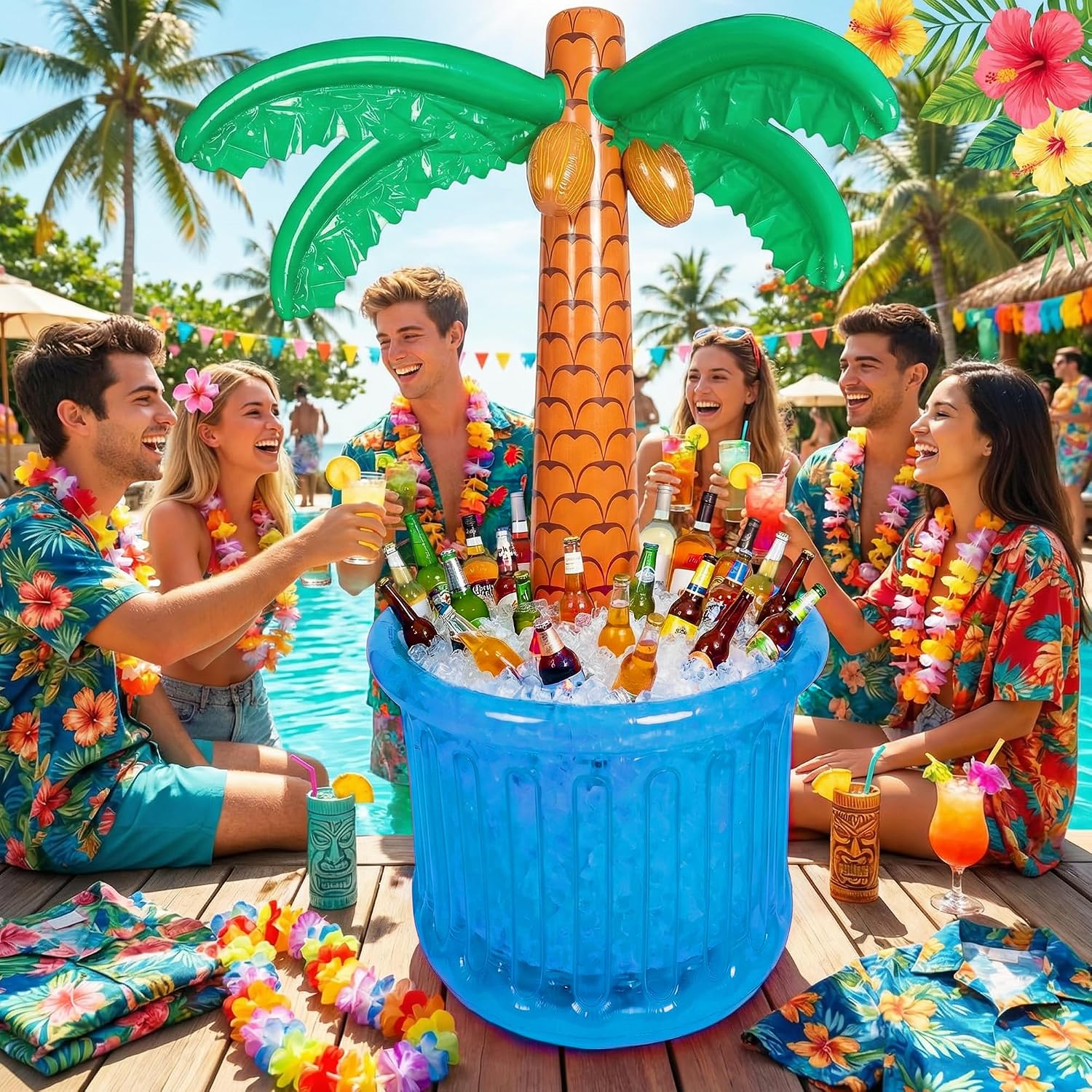 63" Inflatable Palm Tree Cooler, Ideal for Pool Party Decor, Tropical Luau & Hawaiian Beach Themed Summer Birthday Supplies, Drink Beverage Cooler for Indoor Outdoor Summer Parties (Blue)