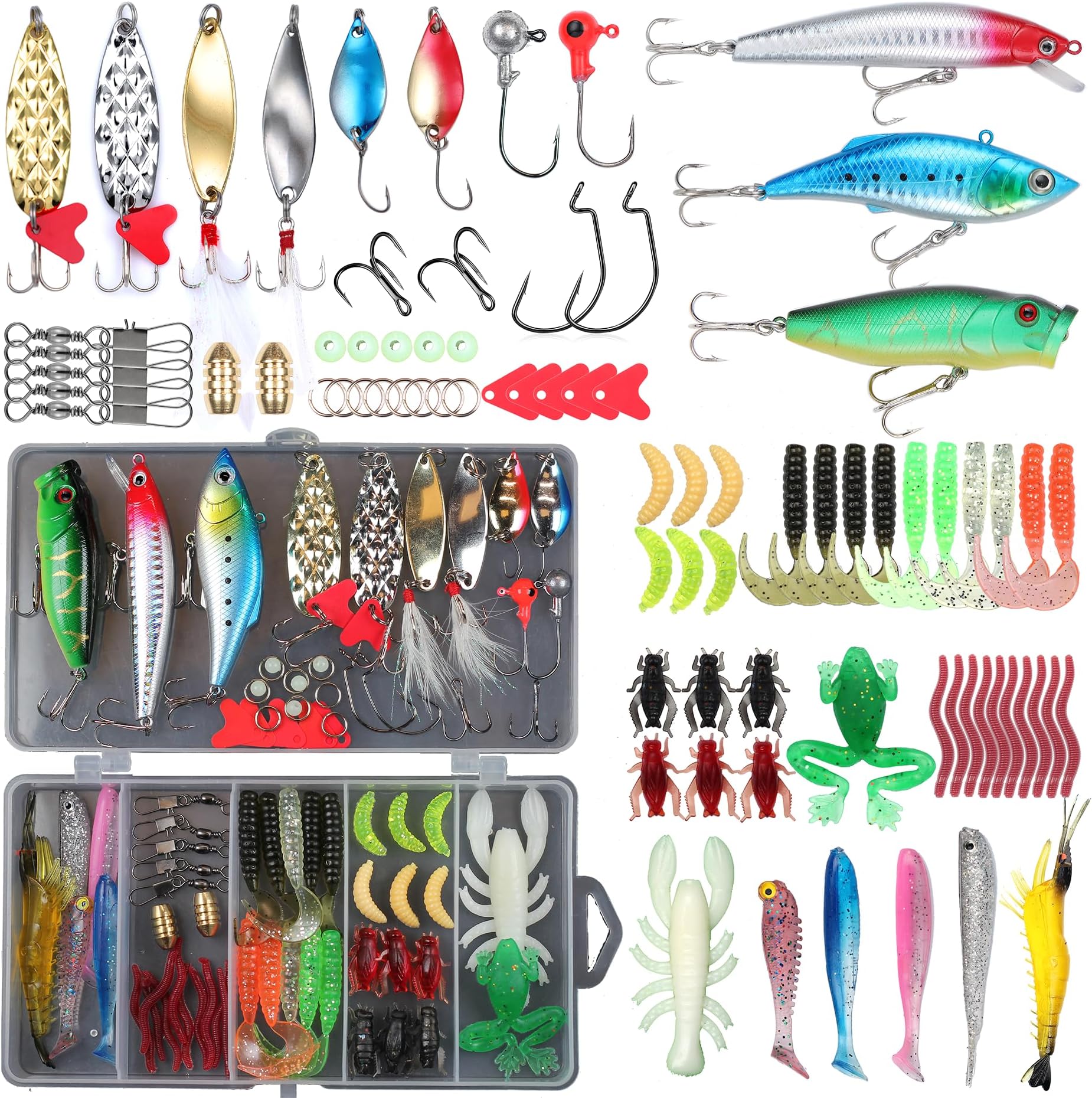 EXAURAFELIS Fishing Lures,Tackle Box with Tackle Included, Crankbaits, Spoon, Shrimp Worm Bait, Hooks,Weights & Other Accessories, Fishing Lures kit Lure Set for Bass Trout Salmon