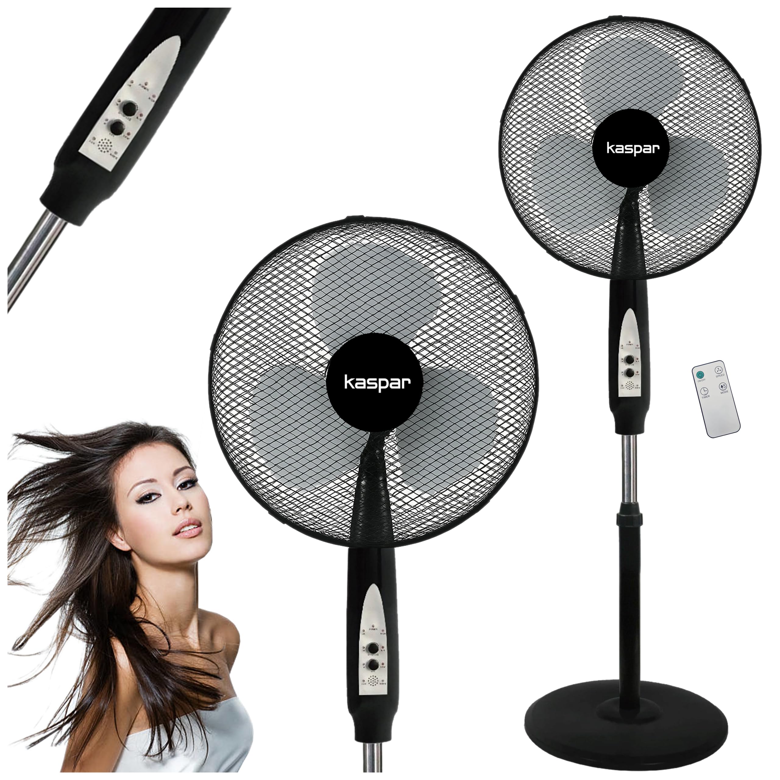 Kaspar Ventilator Standventilator mit Fernbedienung mit 3 Windgeschwindigkeiten Oszillationsfunktion Schwenkfunktion Timer 40 W 36 cm Durchmesser Höhenverstellbar Kreuzfuß Schwarz