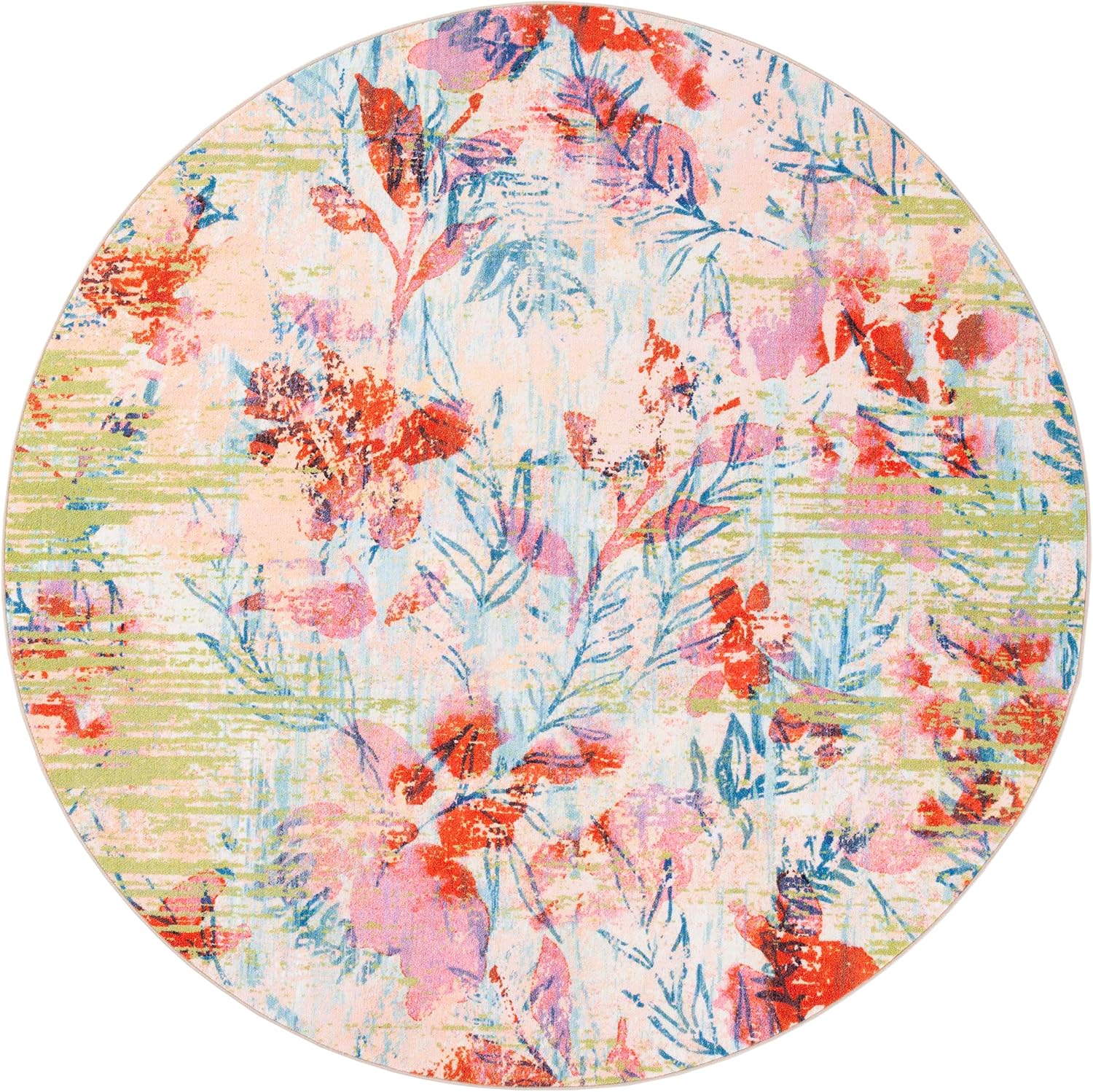 SAFAVIEH Washable Rug Paint Brush Collection - 6'7" Round, Blue & Blush Pink, Slip Resistant & Easy to Clean, Ideal for Living Room, Bedroom, Nursery, Kids Playroom, Dining Space (PTB159M)