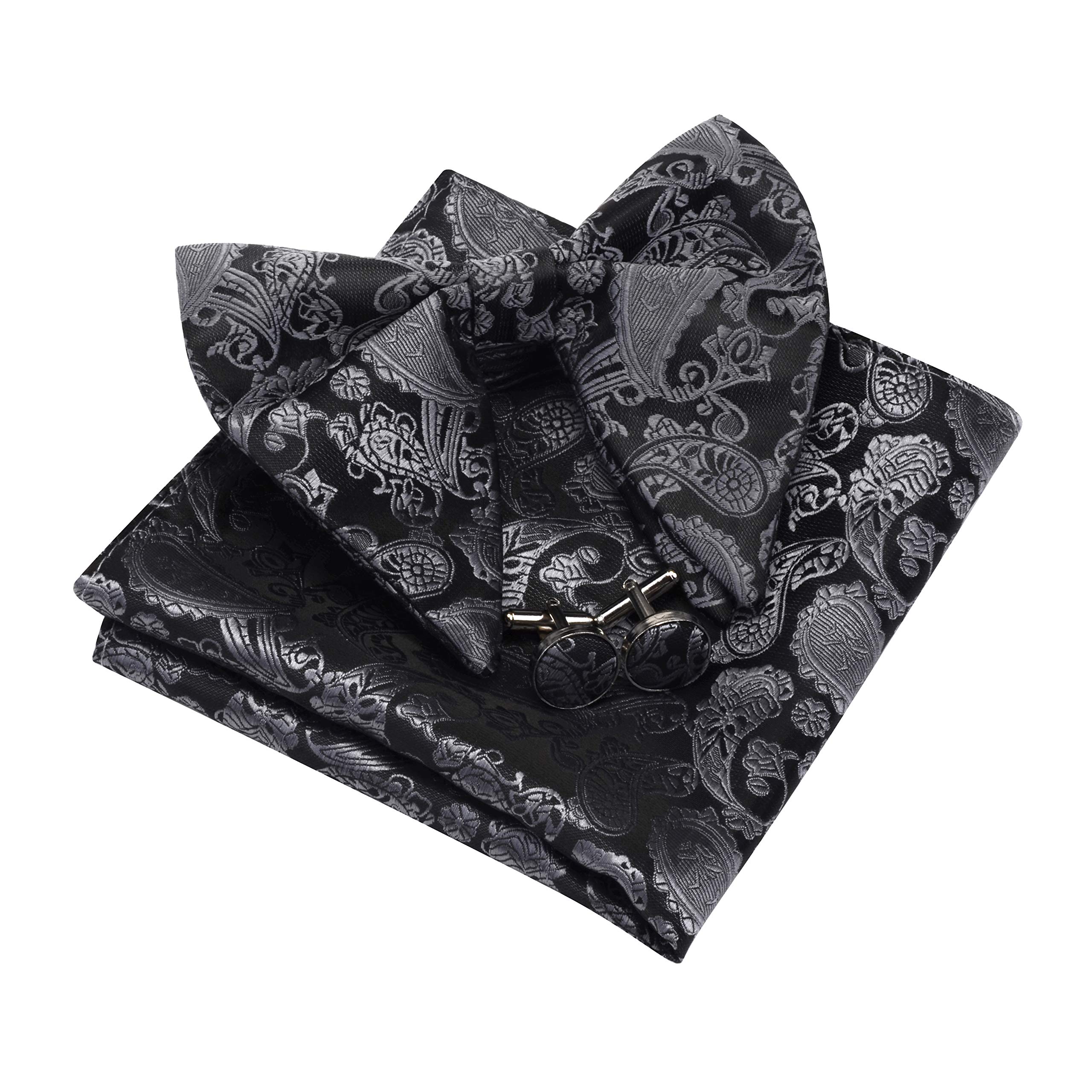 Gusleson Men's Black/Gray Big Silk Bowtie And Pocket Square Cufflink Paisley Adjustable Pre-Tied Bow Tie Set (Uk0613-03)