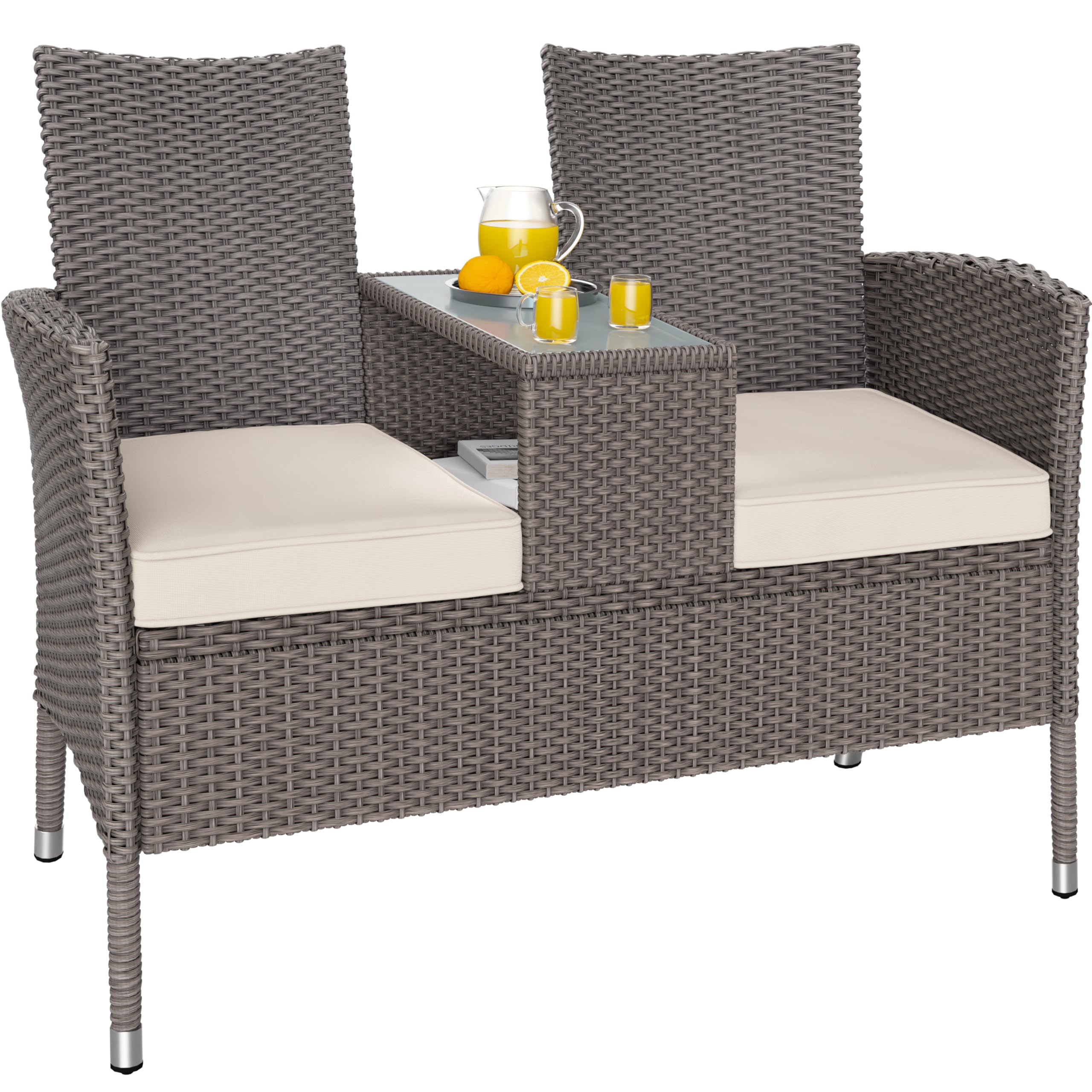 Banc de jardin en polyrotin avec table intégrée et coussins crème