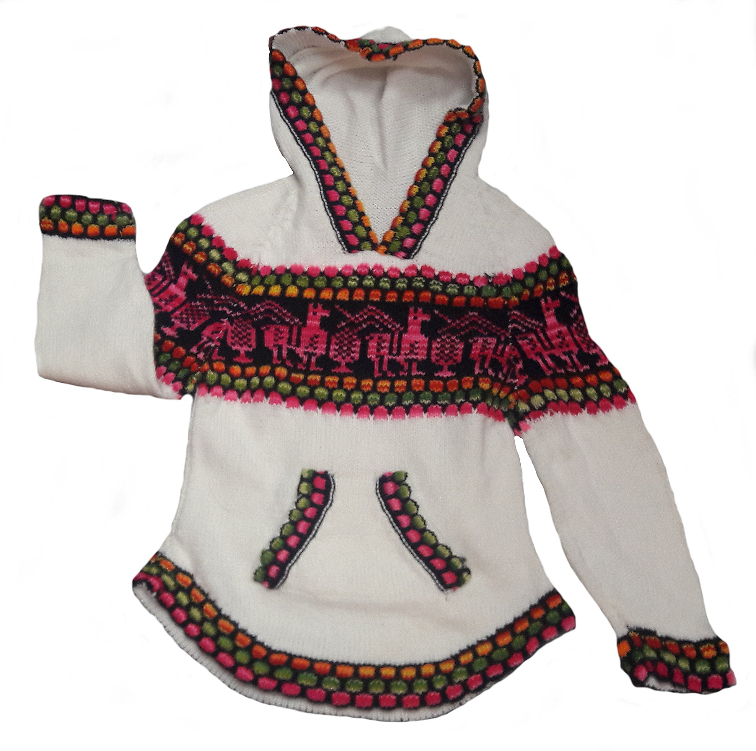 Maglione da donna con cappuccio in lana alpaca, motivo alpaca, taglia S, bianco, S
