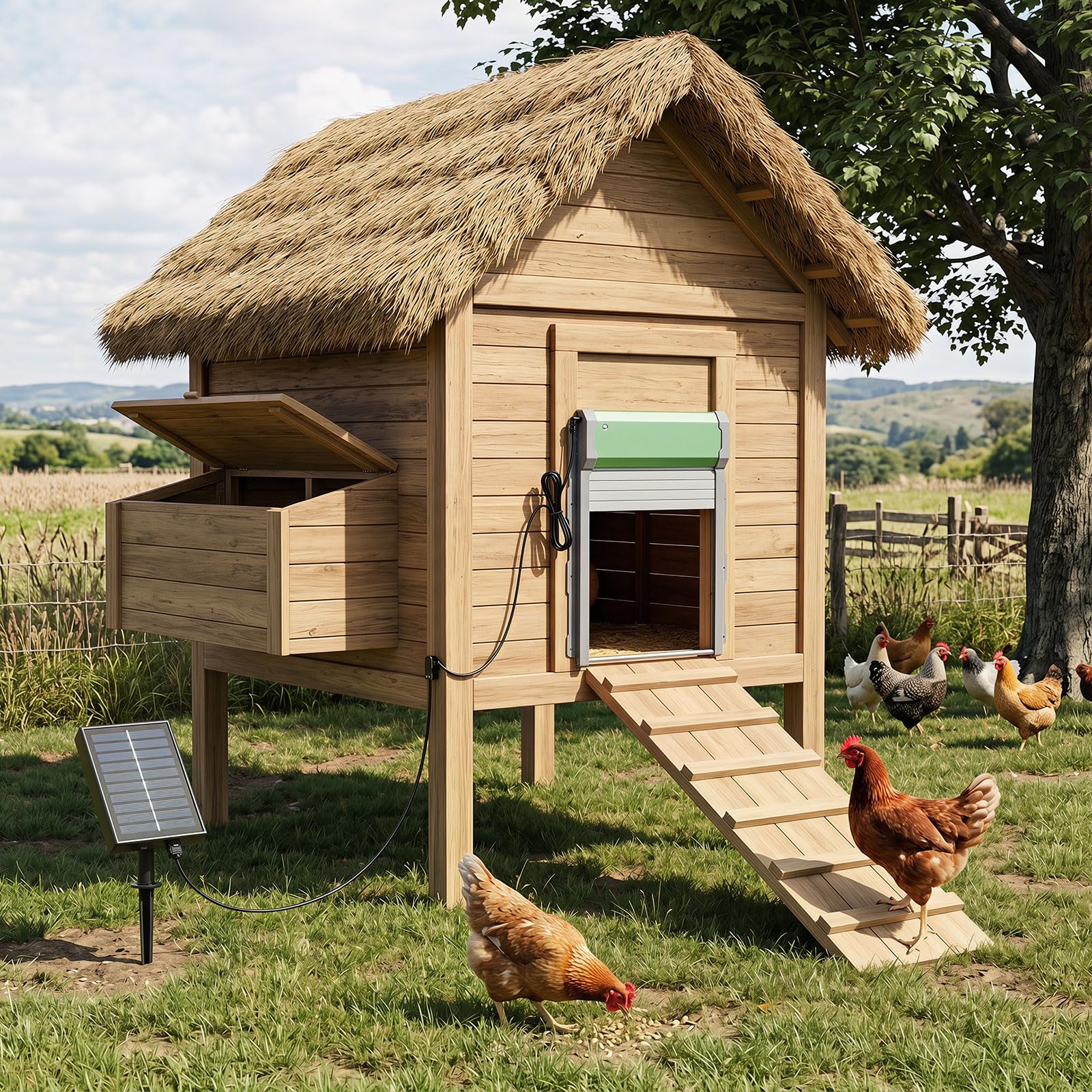 COSTWAY Porta Automatica per Pollaio, Alimentazione Solare e USB, Porta Anti-Pizzicamento per Galline con Sensore di Luce, Timer, Telecomando e Modalità Manuale, Ideale per Diversi Pollame
