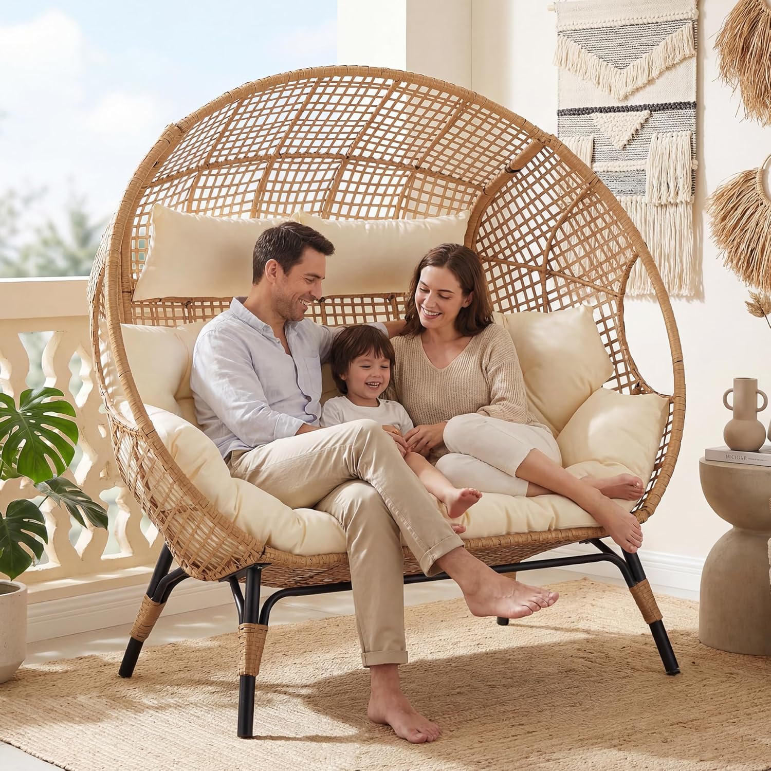 FINCATI Indoor Outdoor Double Egg Chair, 2 Person Oversized Wicker Rattan Stationary Lounge Chair with Legs, Loveseat Boho Egg Basket Chairs for Patio Garden Backyard Living Room Beige