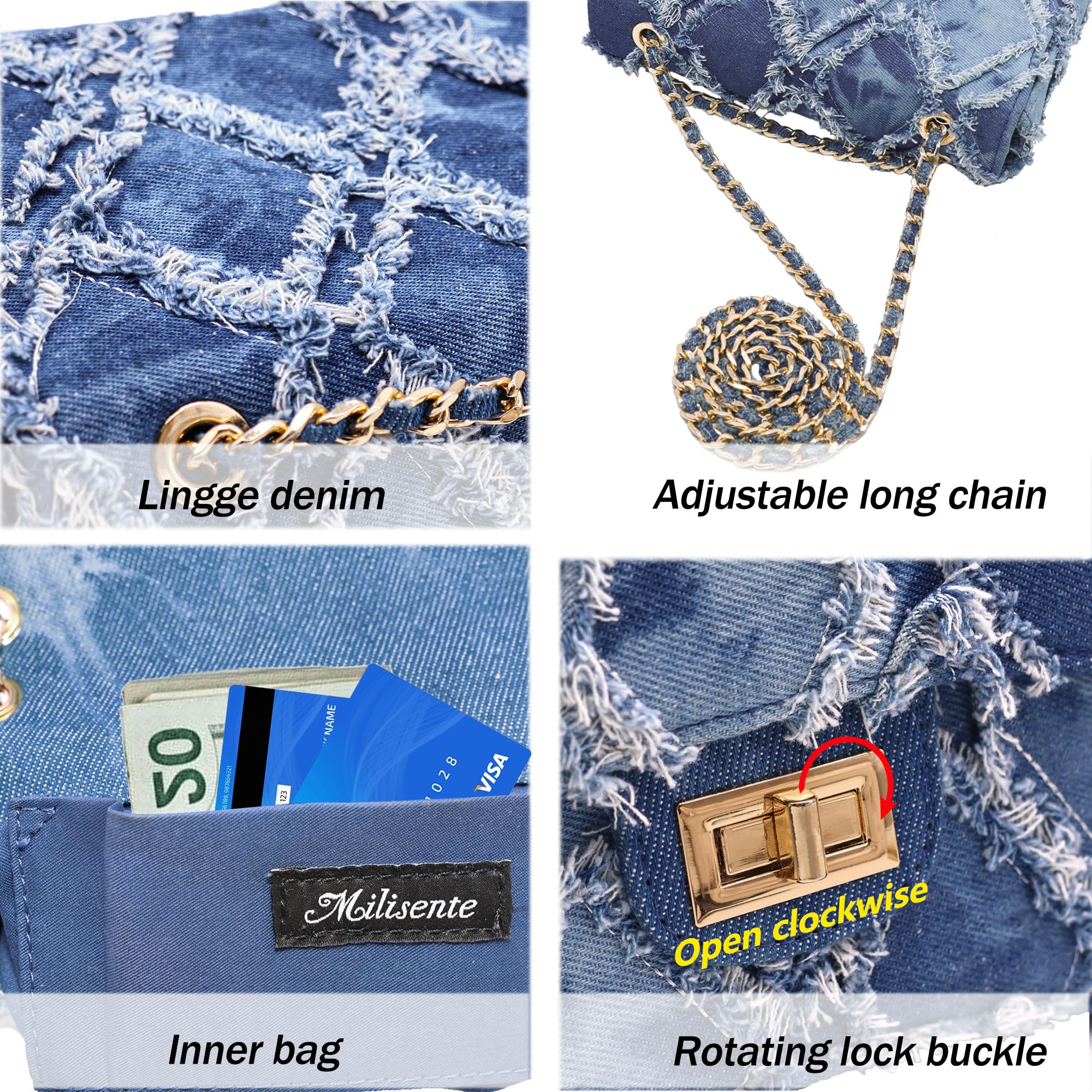 Damen-Umhängetasche, klein, gesteppt, Denim-Tasche, Kette, Clutch, Geldbörsen und Handtaschen oder Crossbody-Tasche für Abendveranstaltungen, formelle Partys