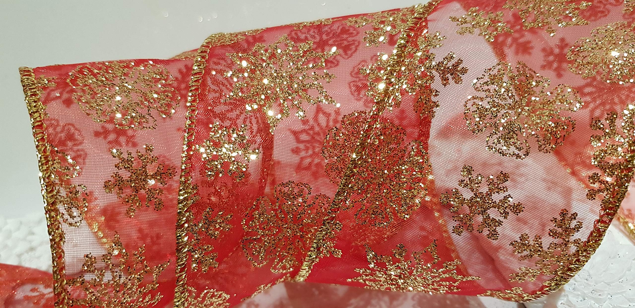 Ribbon Queen Wired Wire Edge Christmas Ribbon 2.5" wide Lots of Designs and Colours UK Stockist (2m, Gold glitter Snowflakes on red organza)