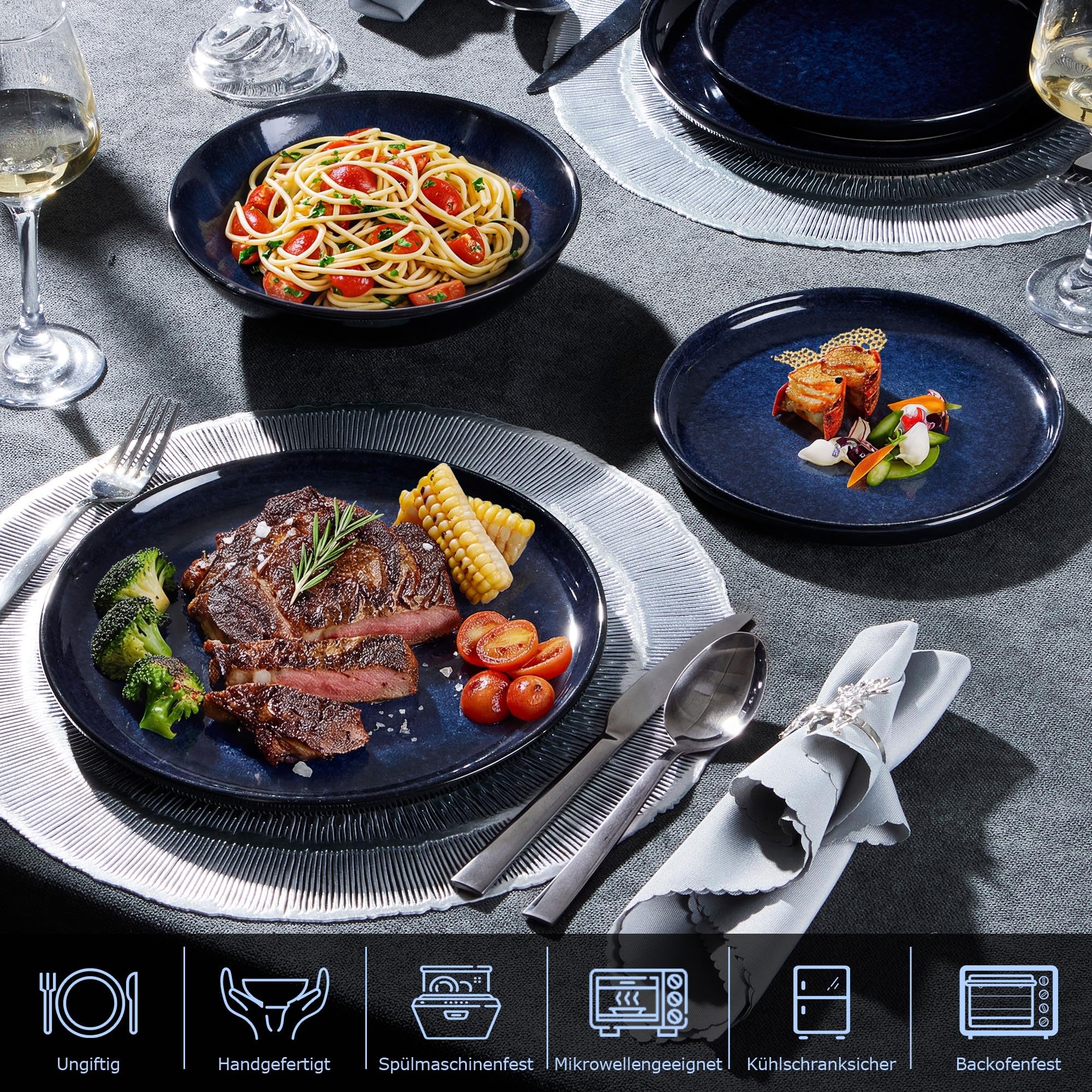 Homikit Set di stoviglie da 6 persone, set da 24 pezzi, in gres, in gres reattivo, con piatti piani, piatti da dessert, piatti fondi, ciotole per cereali, forno a microonde e lavabile in lavastoviglie