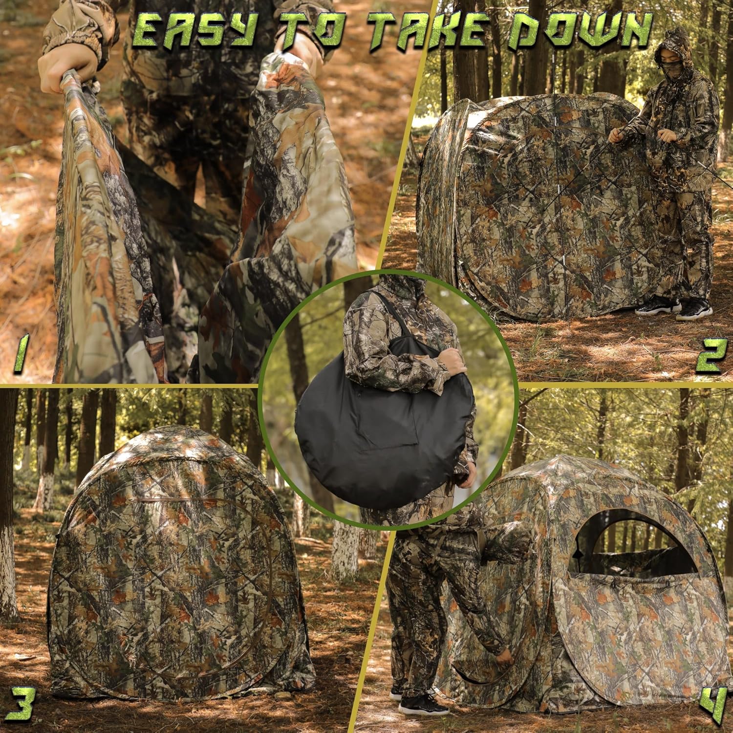Pop-Up Hunting Ground Blind, Lightweight 1-2 Person Hunting Blind with Carrying Bag, 4-Panel Spring Steel, for Deer, Turkey Duck Hunting, Bow Hunting