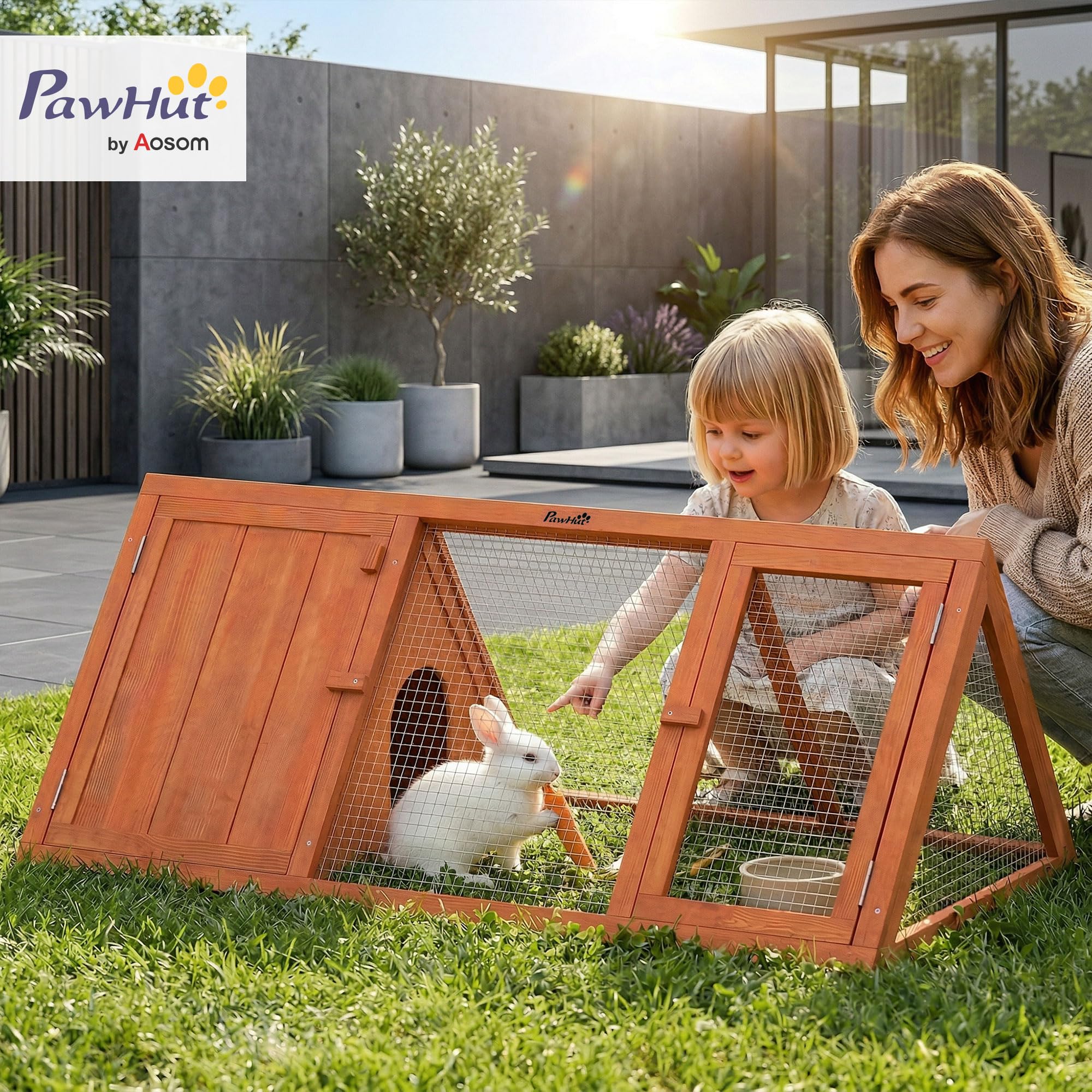 Jaula para conejos PawHut, jaula de madera para cobayas con recinto exterior y puertas, caseta triangular para conejos, patos pequeños y gallinas, para uso en interiores y exteriores, color naranja