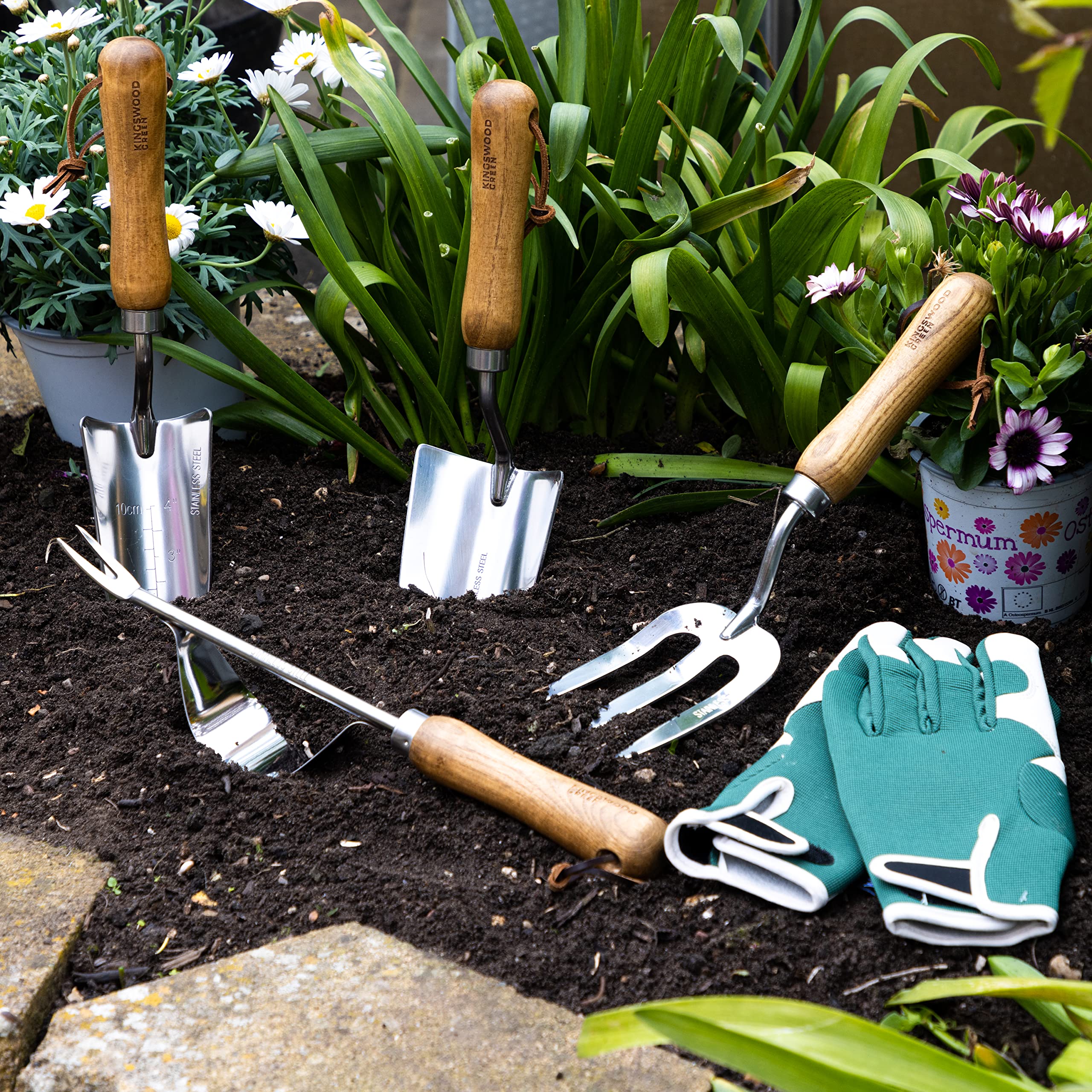 Set regalo di 4 attrezzi da giardino, manici in legno di frassino, cazzuola, trapiantatore a mano, sarchiatore e forchetta, realizzato in acciaio inossidabile