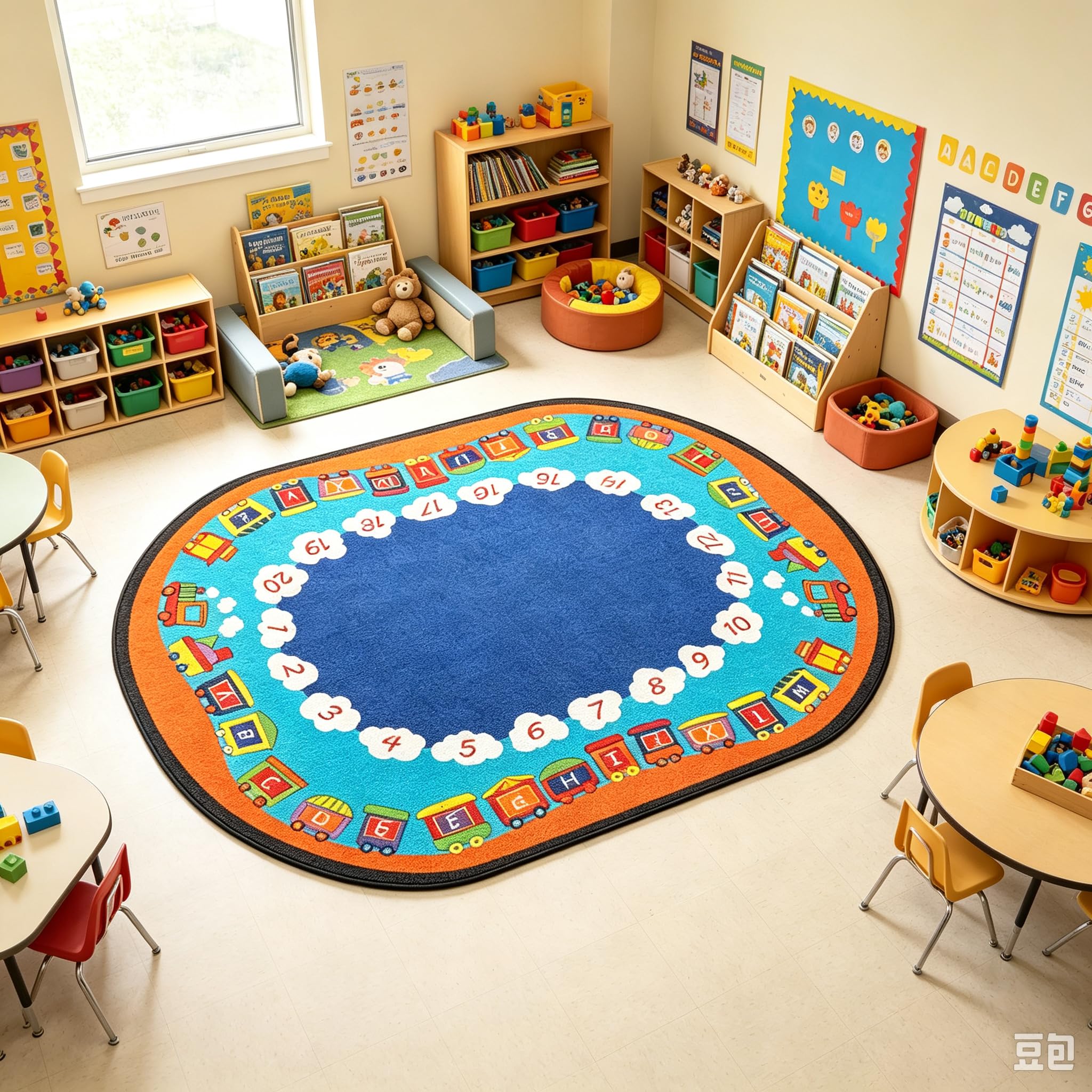 Ovaler Klassenzimmerteppich, 1,8 m x 2,4 m, pädagogischer Teppich für Kreiszeit, Alphabet und Zahlen, waschbar, schmutzabweisend, rutschfeste Unterseite für Kindergarten