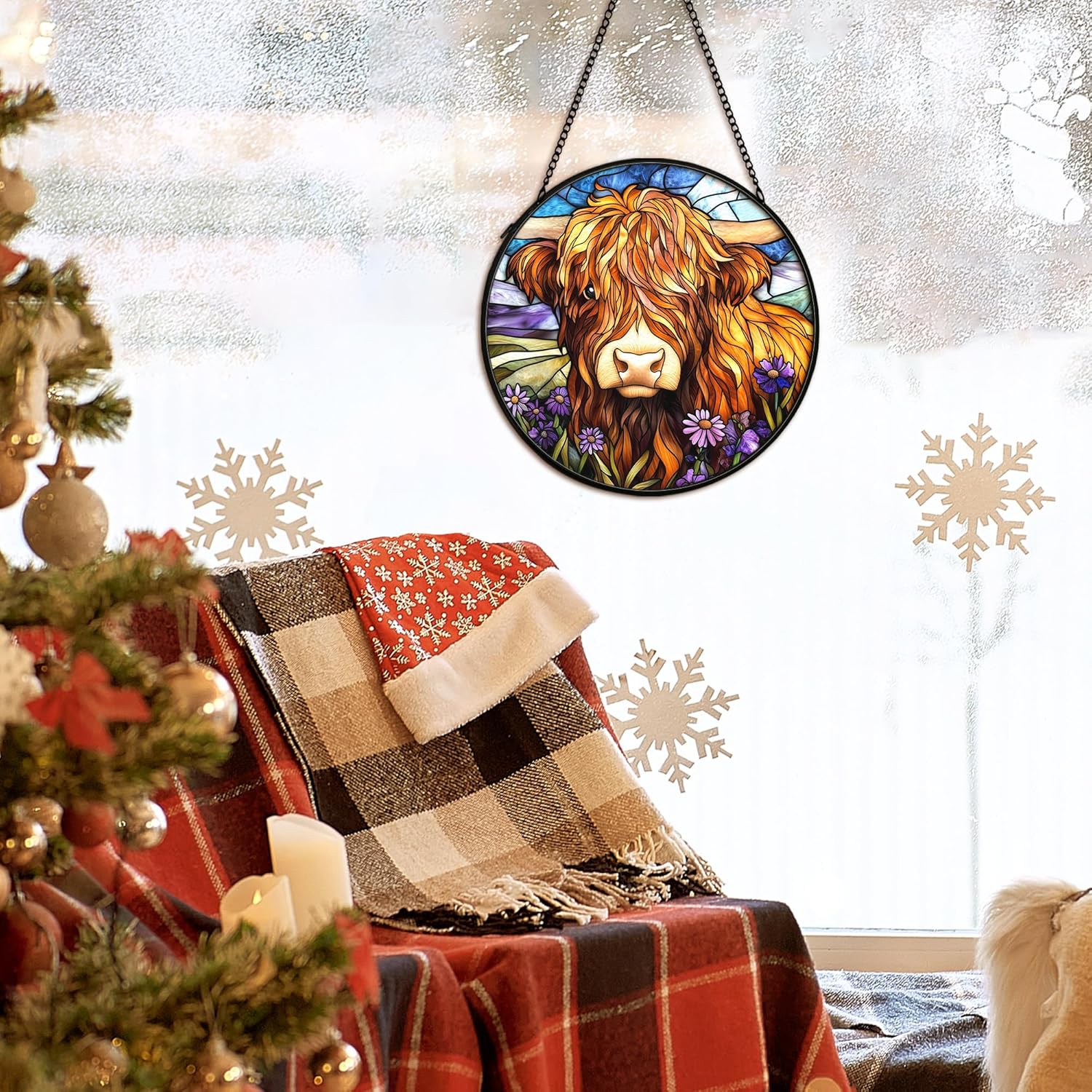Rustic Western Cow Suncatcher Stained Glass Window Hanging Decor, Farm Animal Cow Stained Glass Wall Decor Gifts, Farmhouse Lawn Garden Sun Catchers Indoor Window Hanging Wall Art, 7.9x7.9In