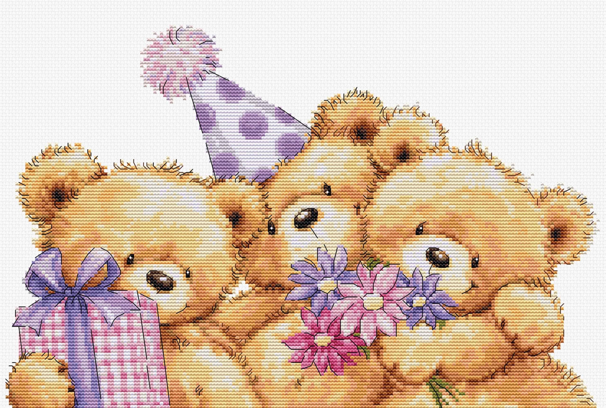 Luca-S counted cross stitch kit ""Three Party Bears"", 29x19cm, DIY