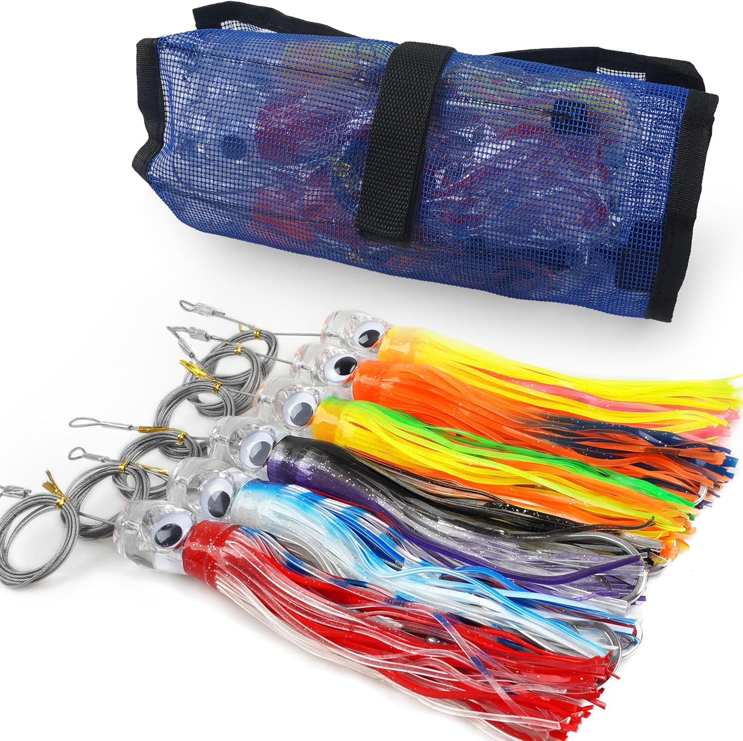 Trolling Lure Saltwater, 6/9inch Big Game Trolling Lures for Marlin Mahi Tuna Dolphin Shark Deep Sea Fishing Lure Baits Rigged Squid Skirt Leader Hooks