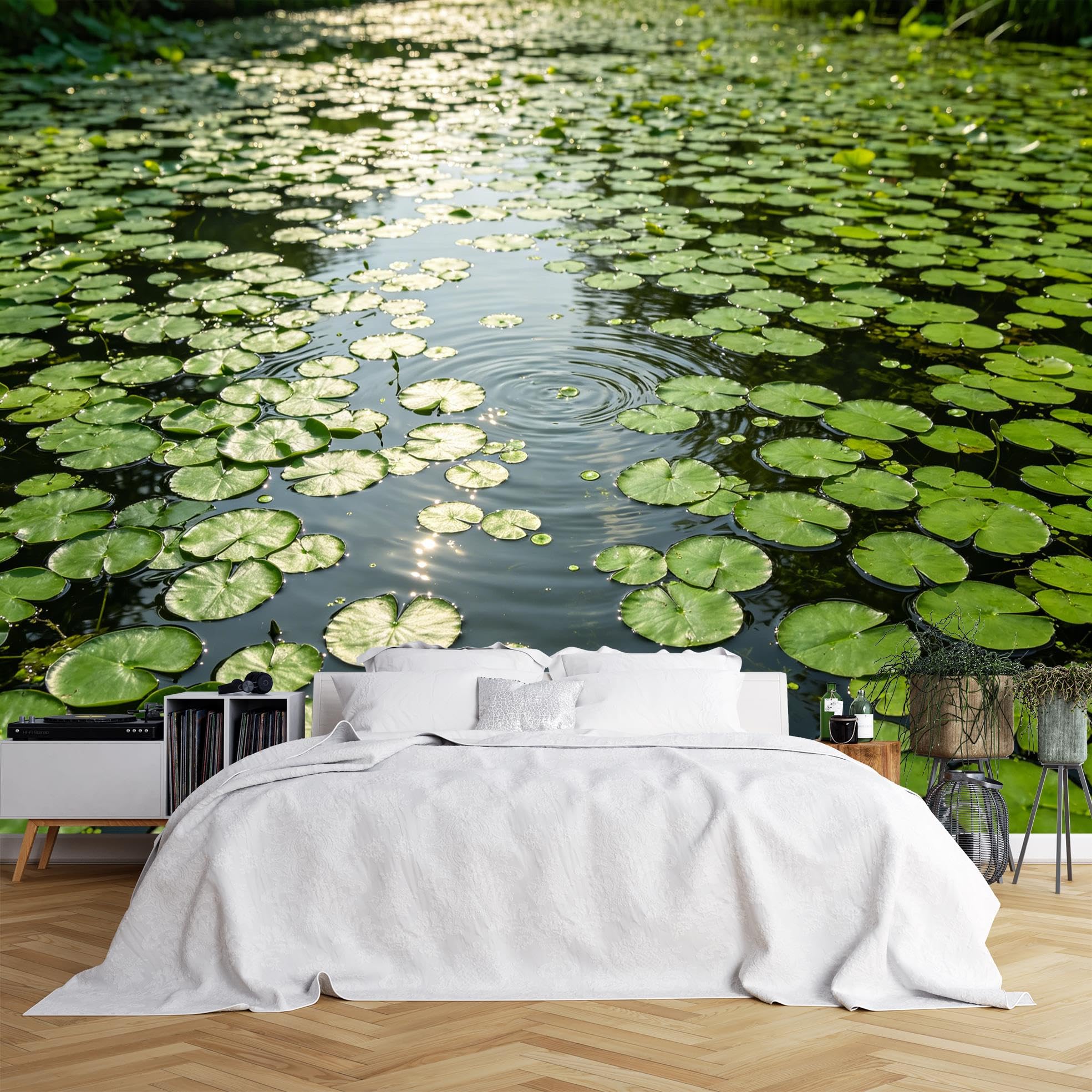 Panoramic Landscape Wall Mural Wallpaper, Water Lily Pond Self Adhesive Wallpaper 400X280Cm(Wxh) Vinyl Waterproof Removable Peel And Stick Wall Covering For Bedroom Living Room Home Decor Water Lily