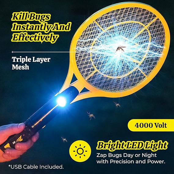 ZAP IT! Rechargeable Electric Fly Swatter Racket - 4,000-Volt Mosquito Zapper with USB Charging Cable and Super-Bright LED Light -Large- Safe 3-Layer Mesh, Yellow, Bug Zapper for Indoors and Outdoors
