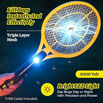 ZAP IT! Rechargeable Electric Fly Swatter Racket - 4,000-Volt Mosquito Zapper with USB Charging Cable and Super-Bright LED Light -Large- Safe 3-Layer Mesh, Yellow, Bug Zapper for Indoors and Outdoors