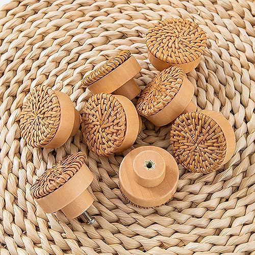Miniatura 5 de 10 pomos de ratán bohemio para gabinete, tiradores de cajones de madera natural con 10 tornillos para aparador, muebles de cocina, cuarto de bebé,
