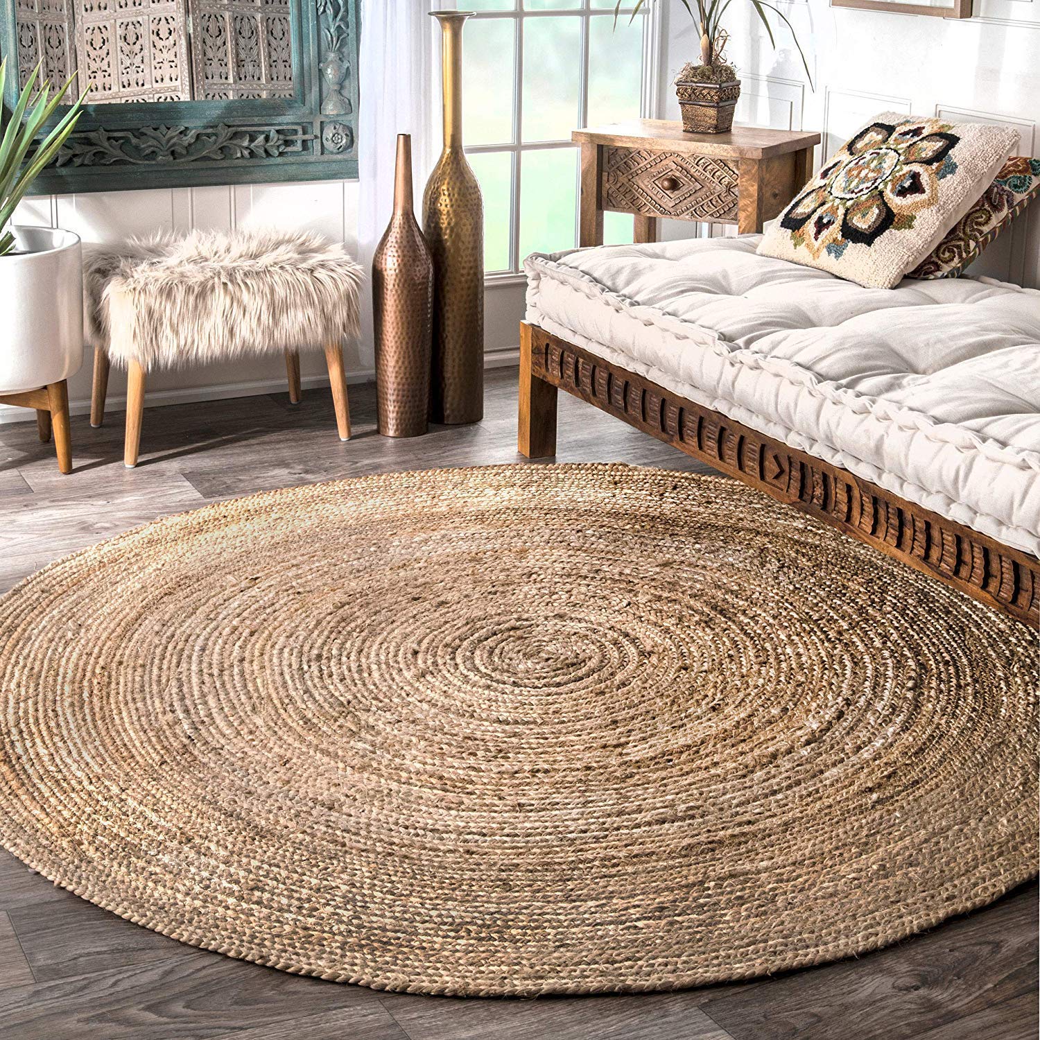 genius decors Handwoven Jute Round Rug, Natural Fibres, Braided Reversible Carpet for Bedroom Living Room Dining Room (90 cm Round)