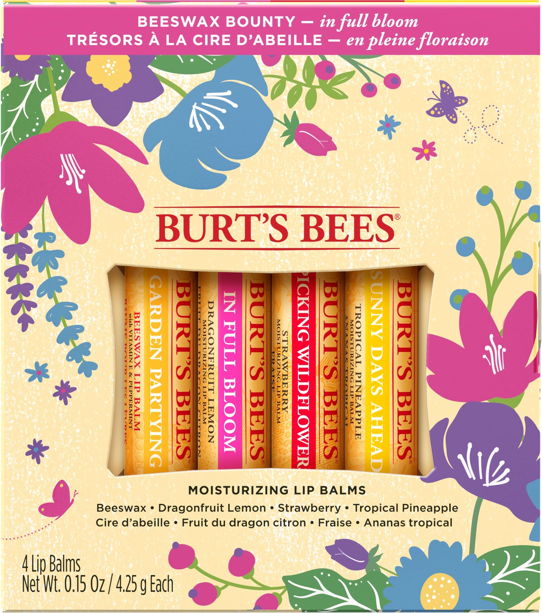 Gift for Mom, 4 Lip Balm Products, In Full Bloom Set - Original Beeswax, Dragonfruit Lemon, Tropical Pineapple & Strawberry (4 Pack, 4.25 Each