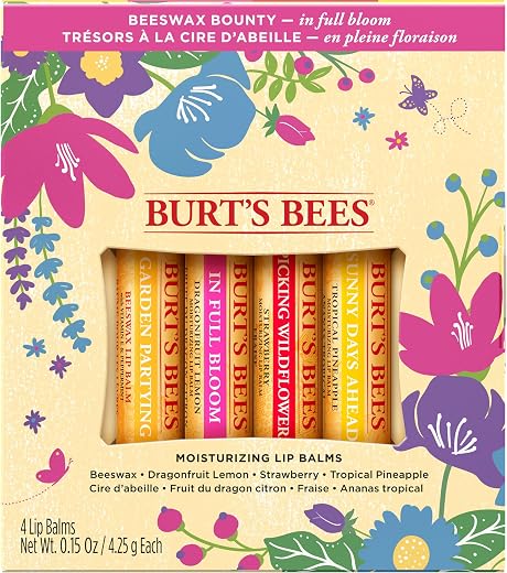Burt's Bees Gift for Mom, 4 Lip Balm Products, In Full Bloom Set - Original Beeswax, Dragonfruit Lemon, Tropical Pineapple...