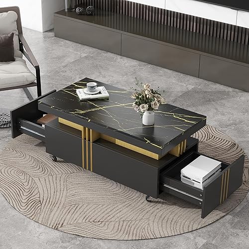 P PURLOVE Mesa de centro moderna con parte superior de mármol sintético, mesa de cóctel rectangular con ruedas giratorias, mesa central de lujo para