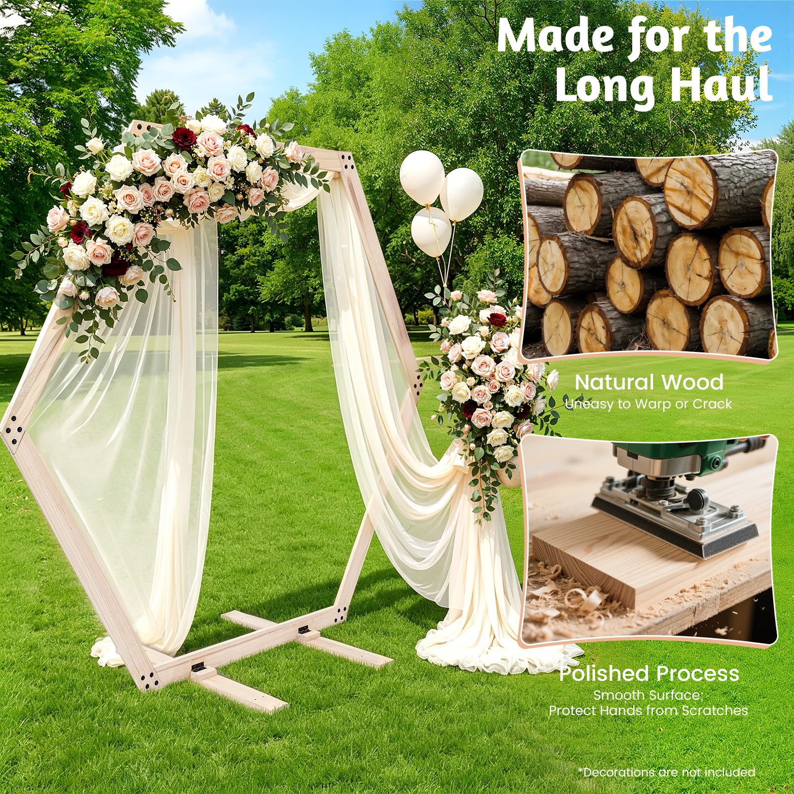 Hochzeitsdeko Holz Hochzeitsbogen Gestell Sechseckige Ballonbogen 2.33m Willkommensschild Hochzeit DIY-Design Ballonständer Outdoor Foto Hintergrund Indoor Party Ständer Retro Tischbogen