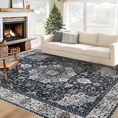 Area Rug 6x9 Washable Rug, Vintage Boho Medallion Rugs Non-Slip Soft Low Pile Large Distressed Rug Indoor Retro Carpet for Living Room Bedroom Dining Room Home Office (Brown, 6'x9')