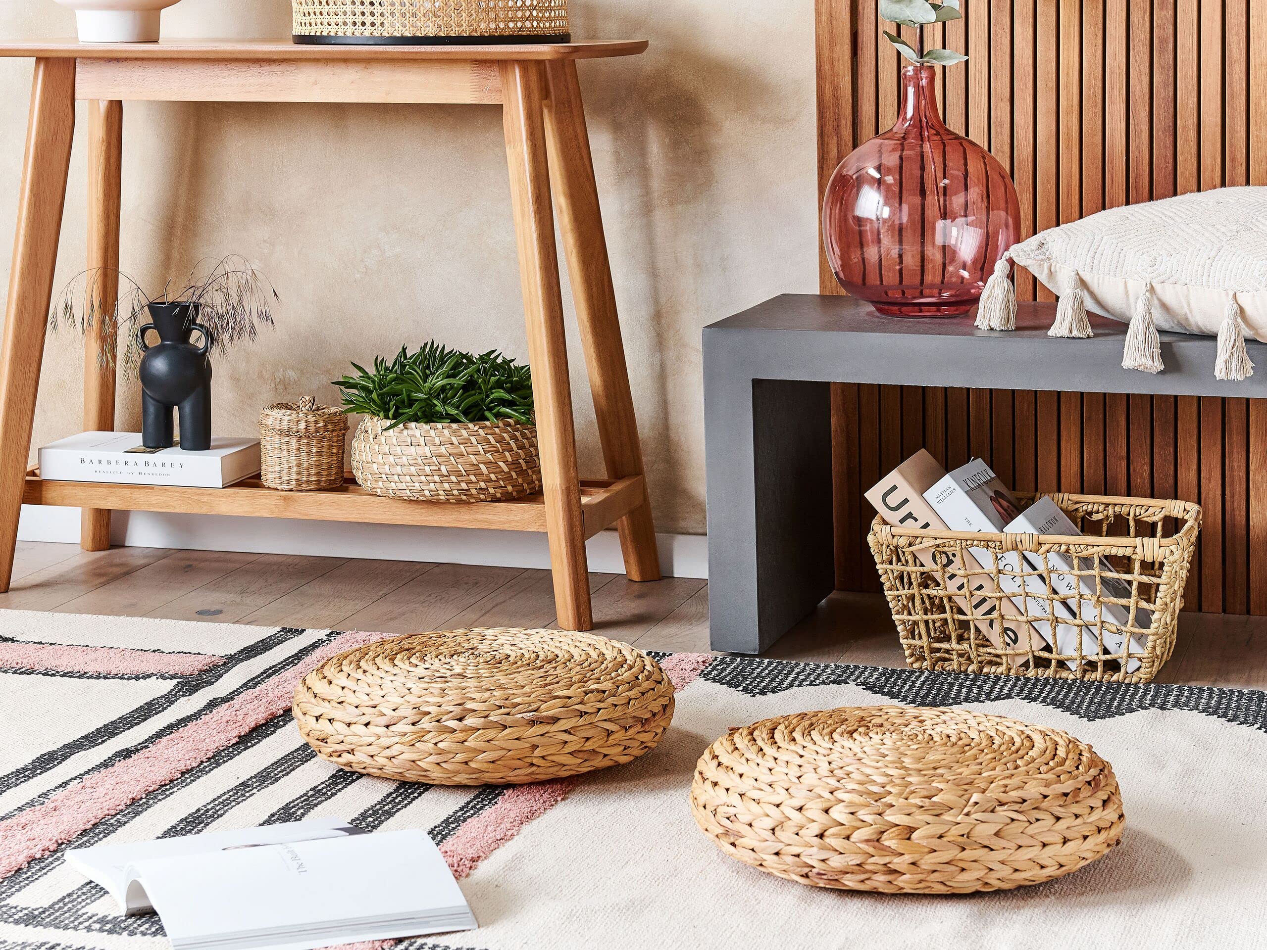 Beliani Cuscino da pavimento giacinto d'acqua naturale 40 x 40 x 10 cm pouf rotondo boho