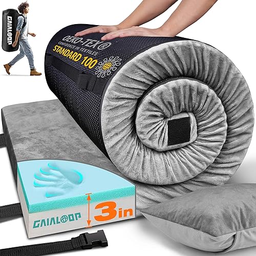 Miniatura 33 de Colchón de Espuma Viscoelástica de 3 Pulgadas para Acampar, Almohadilla de Dormir de Doble Capa Gruesa para Coche, Tienda, Cama, Enrollable, Verde