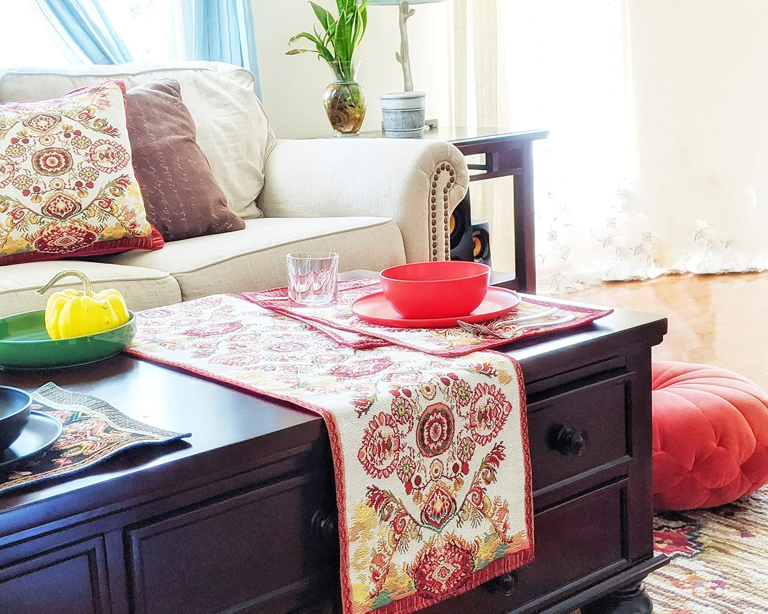 Tache Paisley Table Runner 13x120, Rococo Elegant Ornate Burgundy Orange Yellow Paisley Dining Cotton Linen Tapestry Woven Table Runner Decorative Long Table Cover for Home, Kitchen, Dining 13x120