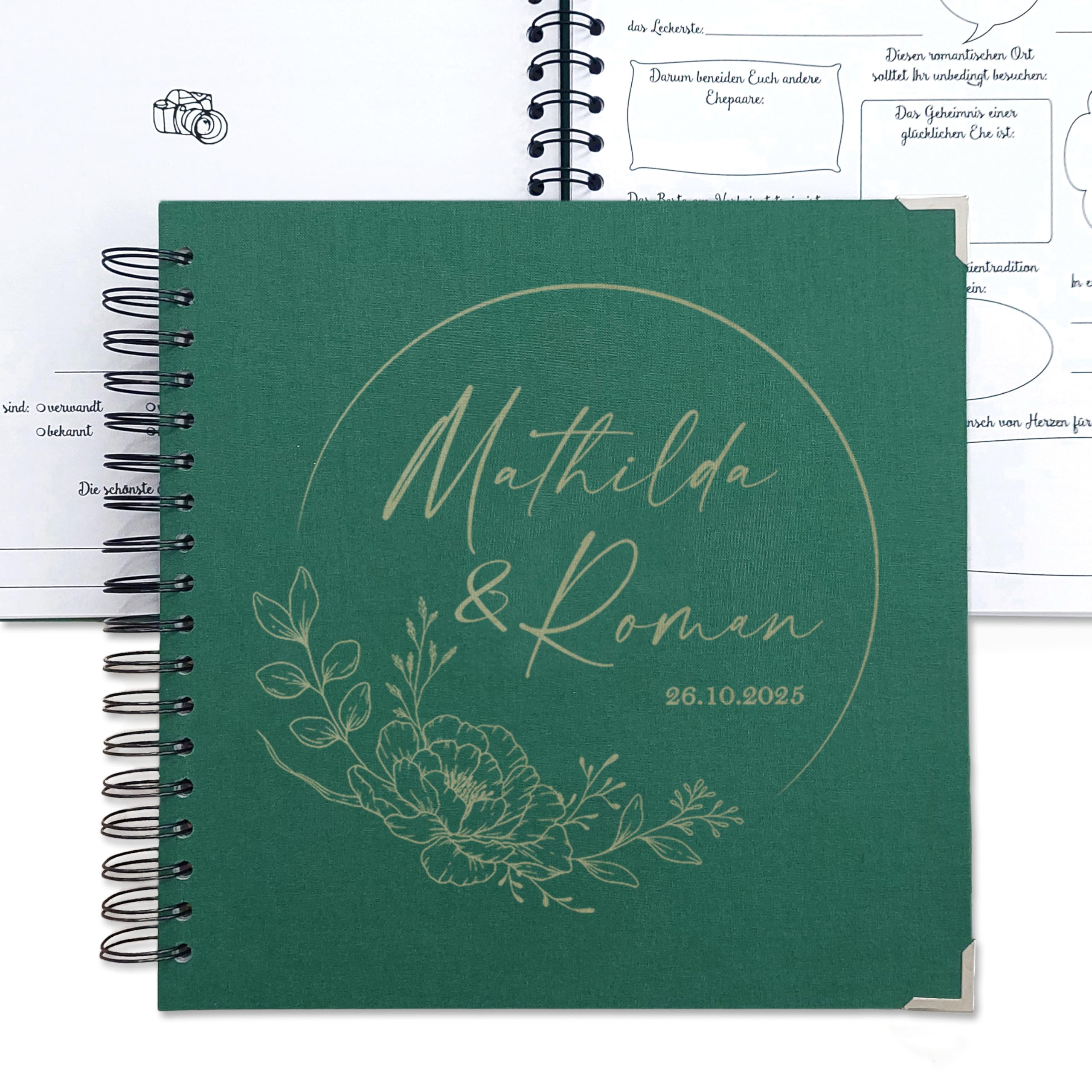 Gästebuch Hochzeit mit Fragen Ringbuch, Leinen Hochzeitsgästebuch mit vorgedruckten Fragen zum Ausfüllen, Personalisiert mit Namen, 25x25 cm Blumen, Feenstaub