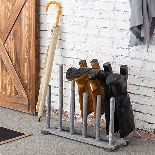 Vista 2 de MyGift Soporte para botas de madera maciza blanqueada en gris costero, soporte organizador de almacenamiento de zapatos de entrada de madera