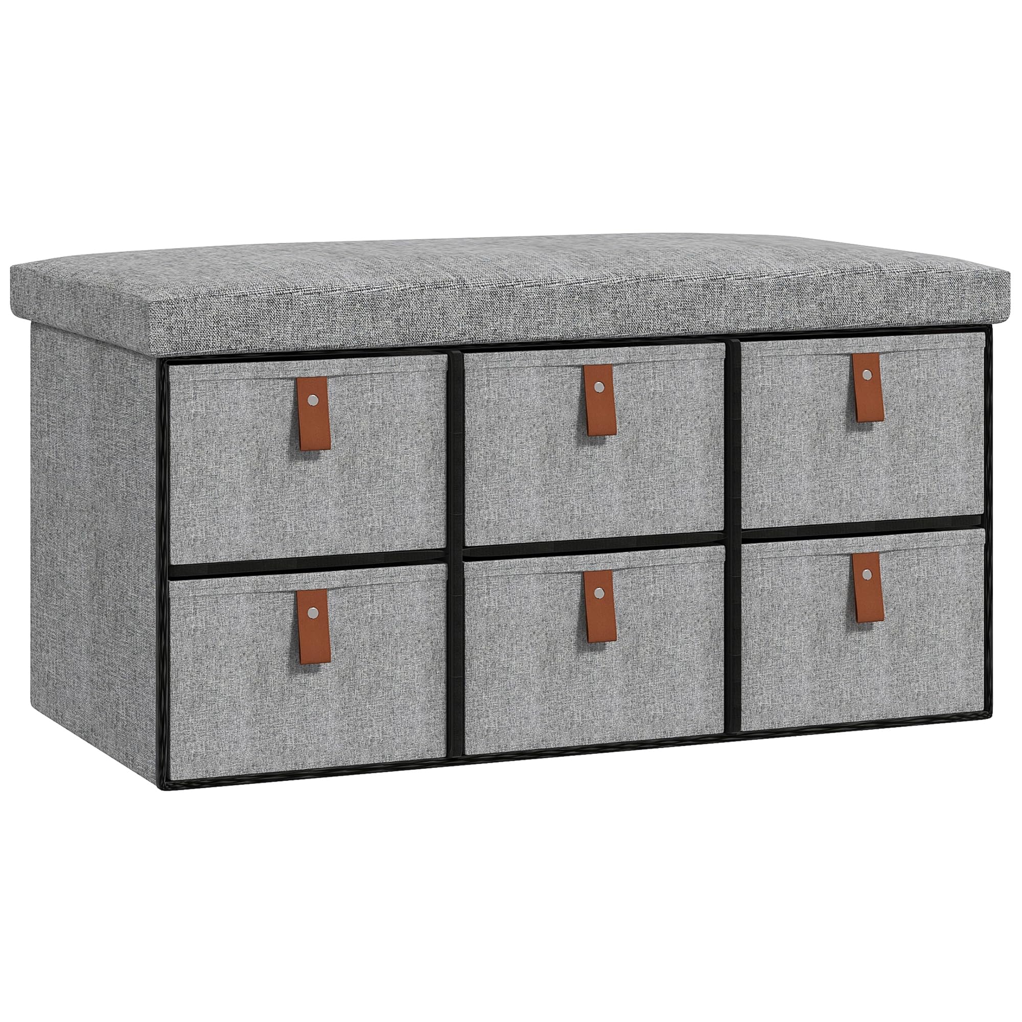 HOMCOM Shoe Bench - Grey - 6 Drawers - Cushioned Seat - MDF Frame - Polyester/Linen-look