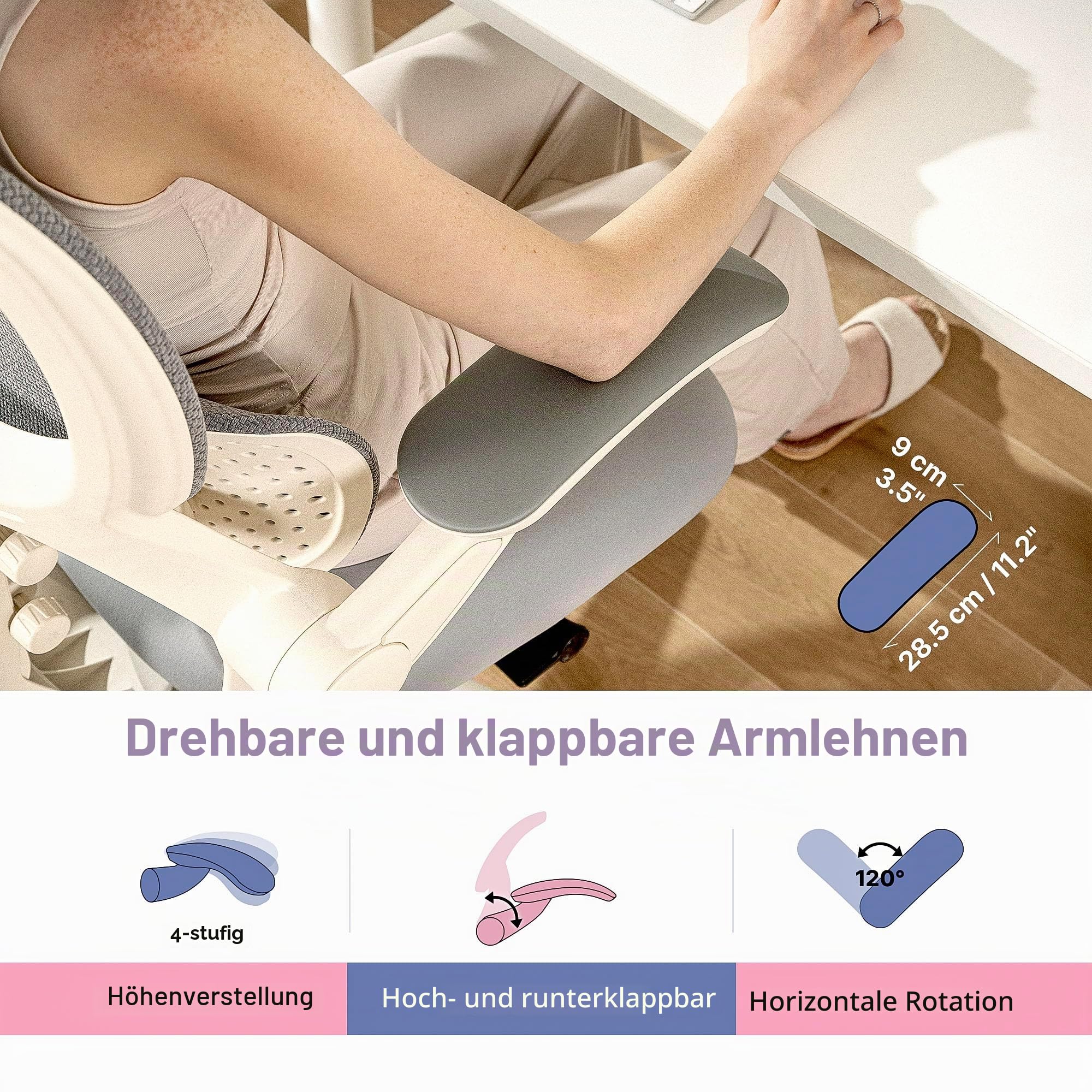 HINOMI Q2 Ergonomischer Bürostuhl mit Lendenwirbelstütze, verstellbarem Kopfstütze, Mesh-Sitz, klappbaren Armlehnen, neigbar mit Fußstütze, stilvolles Modell für Home Office & Studium (Grau)
