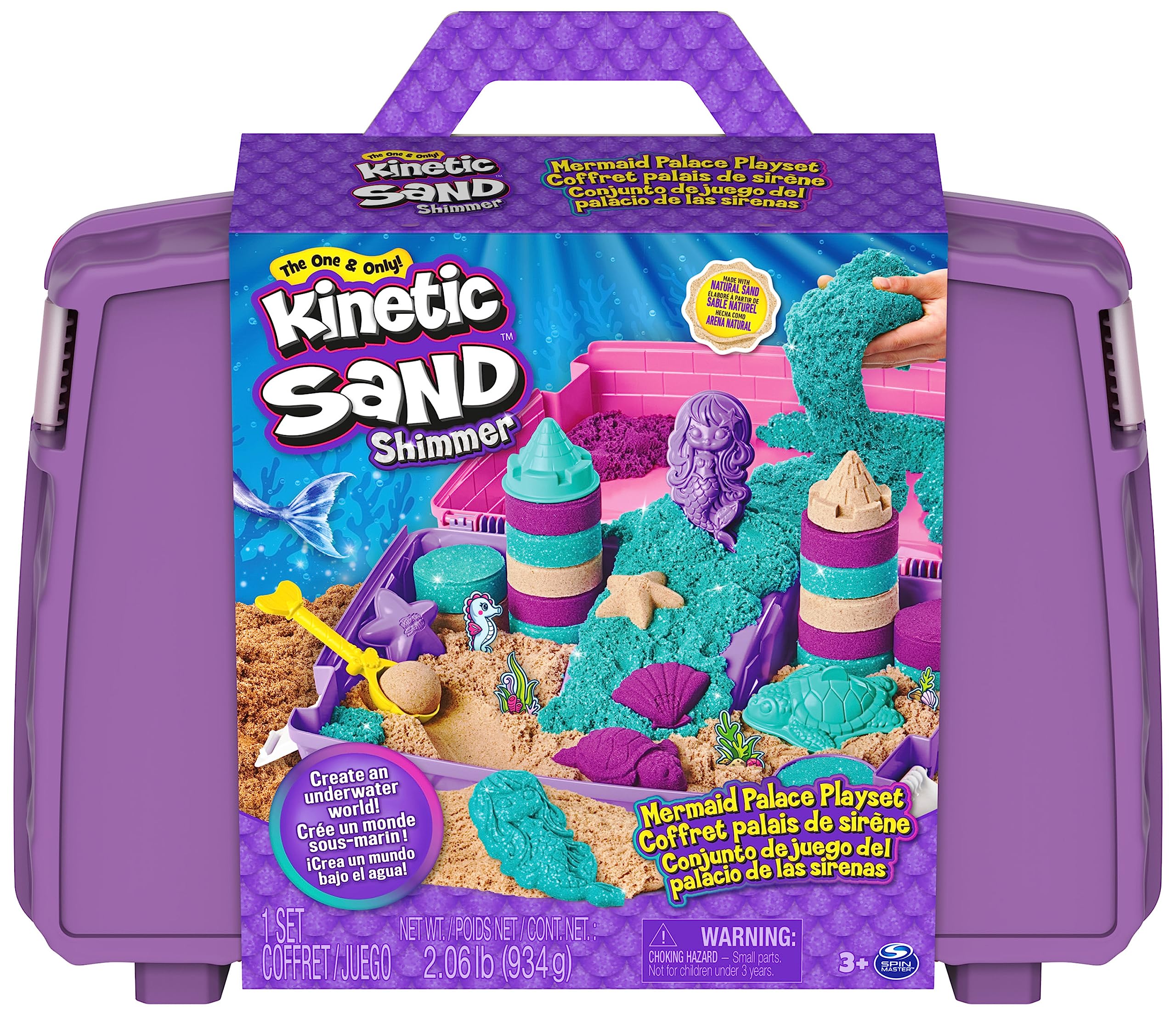 Kinetic Sand Meerjungfrauen Koffer - mit 907 g original kinetischem Sand aus Schweden, erfüllt alle gesetzlichen Anforderungen, mit 6 Förmchen für kreatives Indoor-Sandspiel, für Kinder ab 3 Jahren