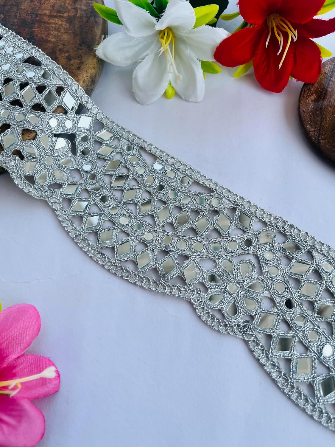 Mirror Embellished Silver Trim, 2.5 Inch Wide, Diamond and Round Mirror Lace Border for Sewing and Crafts, Available in 1, 3 and 6 Yard (3)