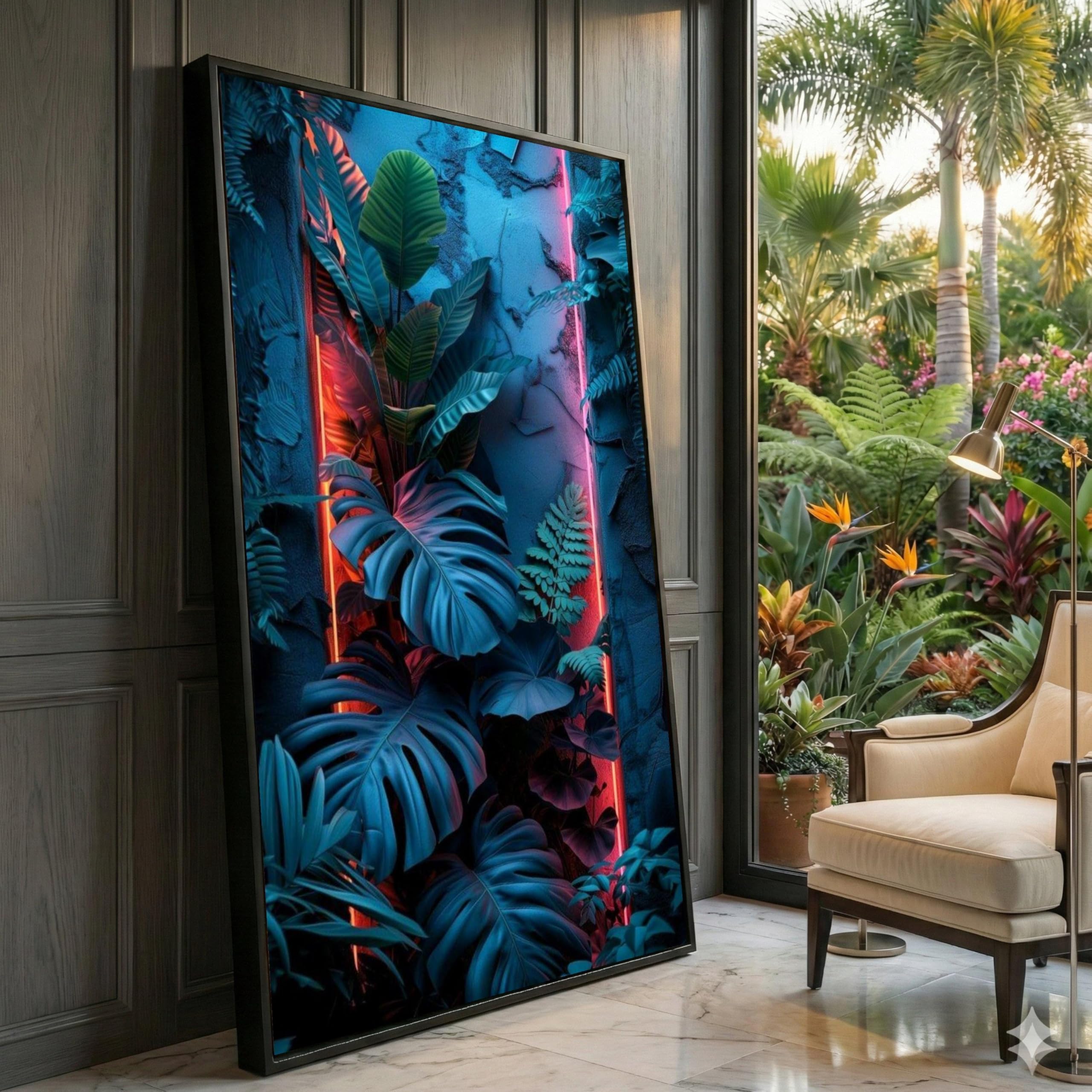 XINBAO Neon Tropical Jungle Canvas Wall Art, Botanical Leaves Decor, Blue and Pink Accent Plant Canvas, Home Decor Painting(40x70cm/Inner Frame)