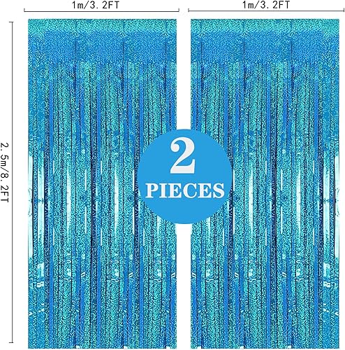 Miniatura 4 de Paquete de 2 cortinas de flecos de papel de aluminio azul de 3.2 x 8.2 pies, decoración de fiesta, cortinas metálicas de oropel para pared, cortinas