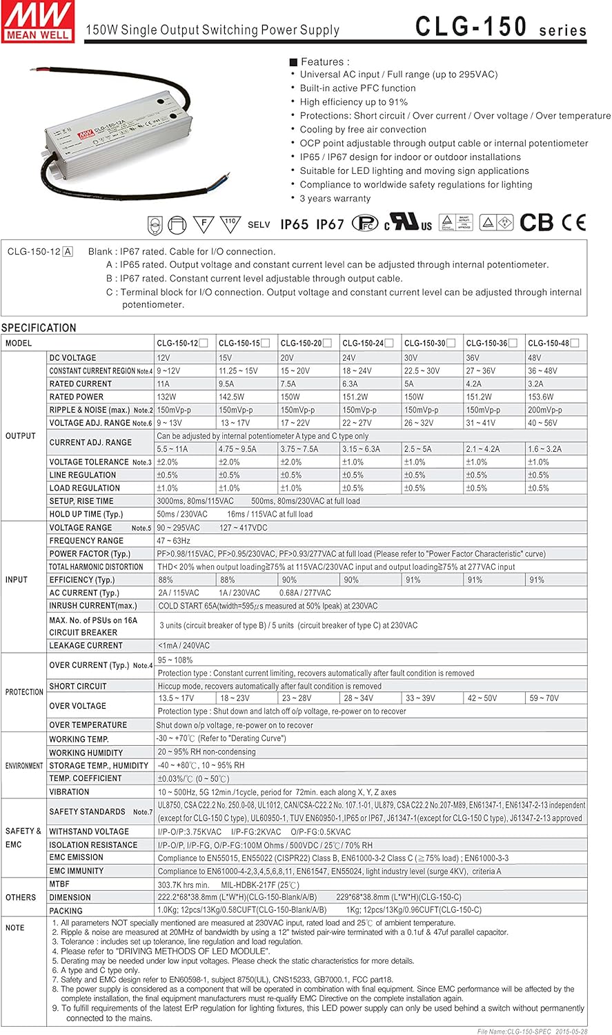 [PowerNex] Mean Well CLG-150-30B 30V 5A 95.150W Single Output LED Power Supply with PFC