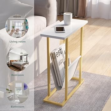 Yusong Small C Shaped End Table, Narrow Side Table for Small Spaces, Gold