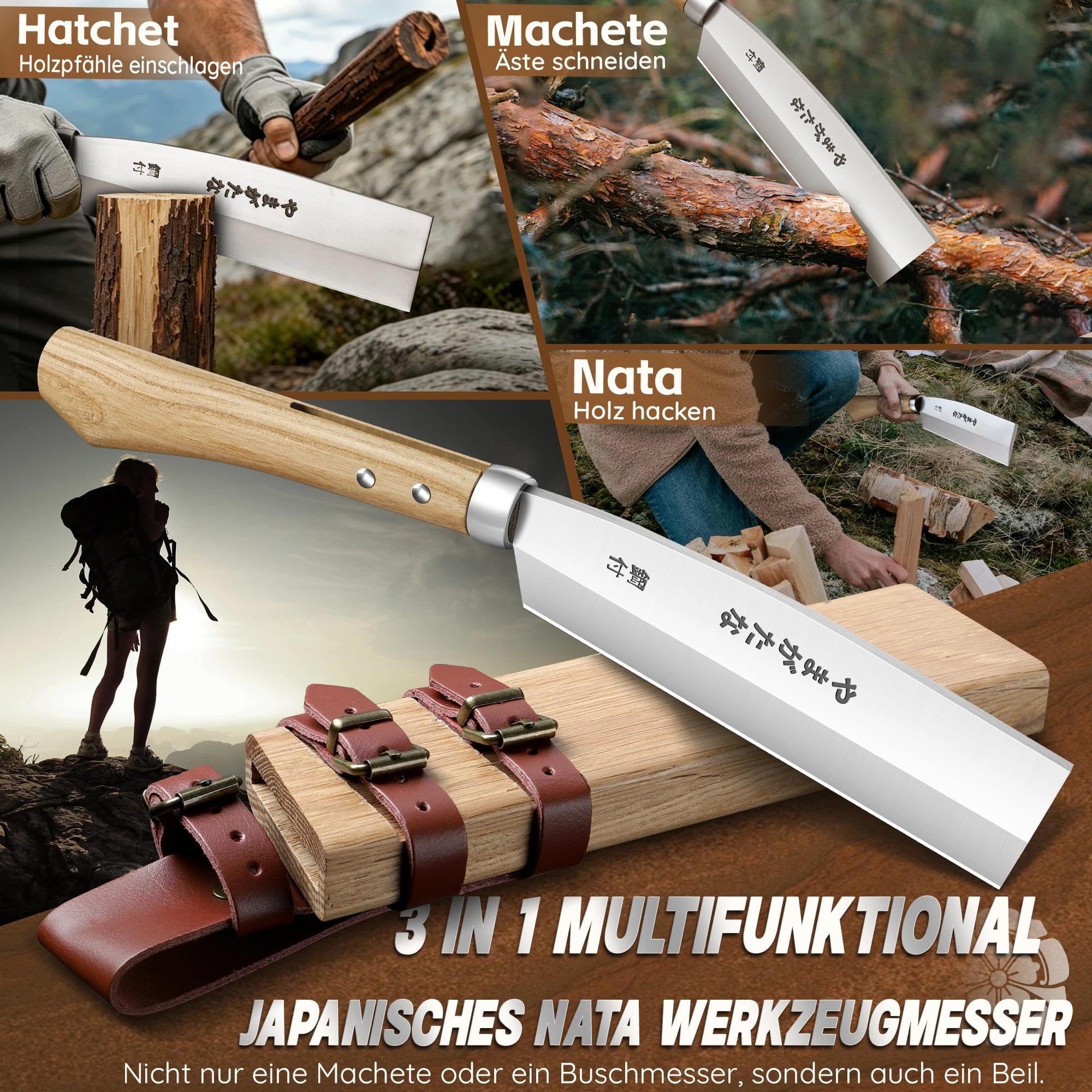 Dream Reach NATA Machete Scharfe, Garten Machete mit Holzscheide and Half Tang Ergonomischer Holzgriff, NATA Beil für Garten, Hof und Camping Outdoor Geschenk für Männer