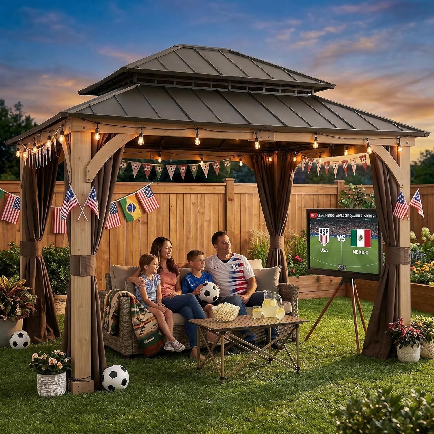 SUNJOY 11 x 13 ft. Wood Hardtop Gazebo with Customizable Nettings and Curtains, Pavilion Double Galvanized Steel Roof, for Ultimate Outdoor Enjoyment, Built-in Gutter for All-Season Comfort