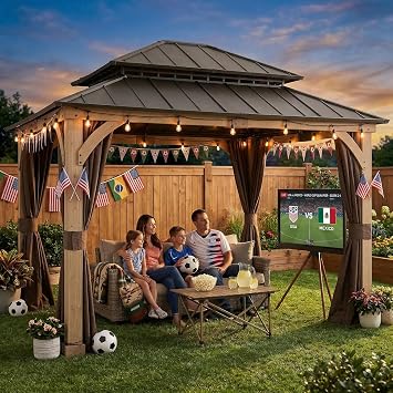 SUNJOY 11 x 13 ft. Wood Hardtop Gazebo with Customizable Nettings and Curtains, Pavilion Double Galvanized Steel Roof, for Ultimate Outdoor Enjoyment, Built-in Gutter for All-Season Comfort