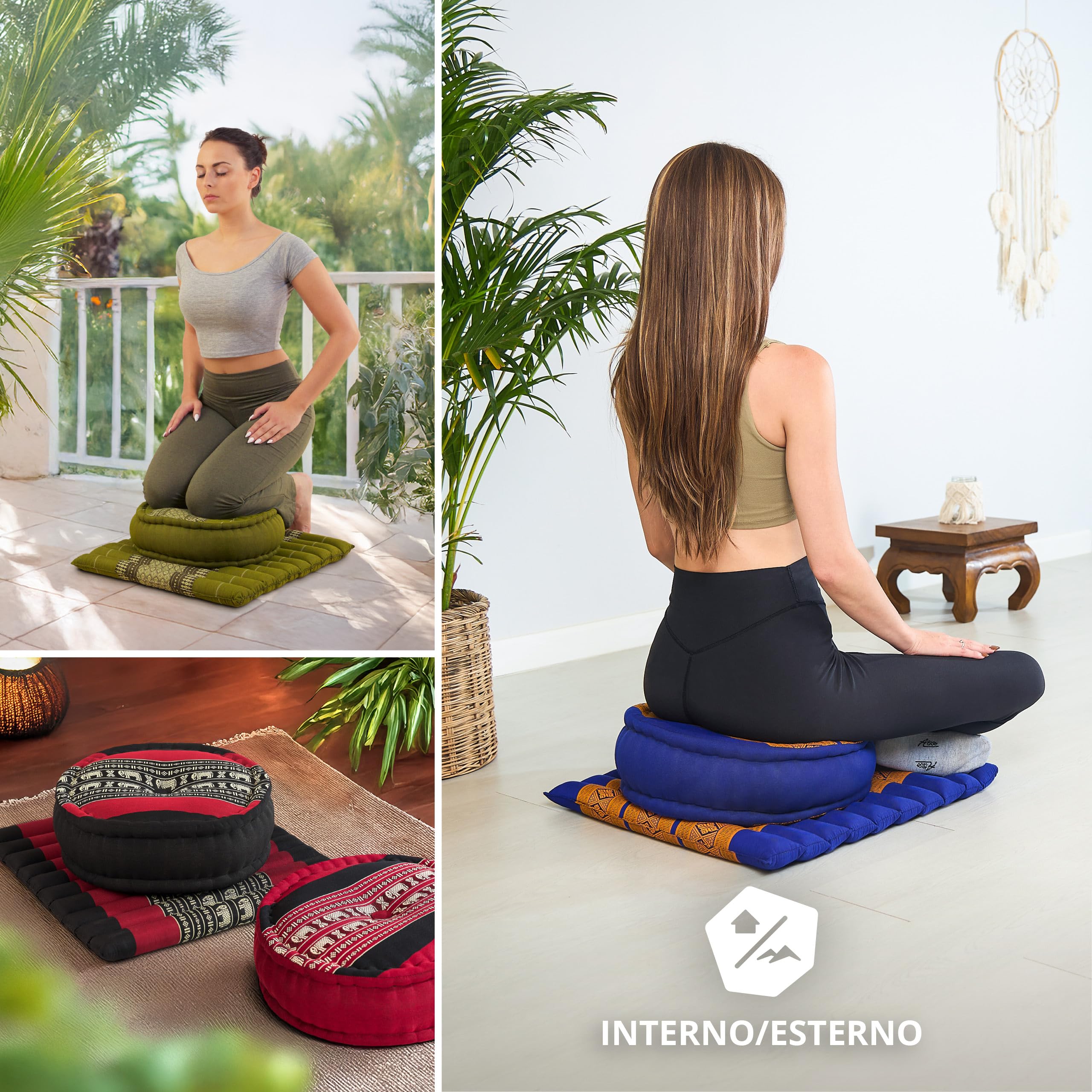 livasia Set Meditazione L - Ø 38x15cm/tappetino 50x50x4,5cm - Set Yoga con Cuscino e Tappetino, Pouf, Tappetino e Cuscino Yoga Fatto a Mano con kapok, Cuscino Pavimento, Cuscino zafu (Blu/Giallo)