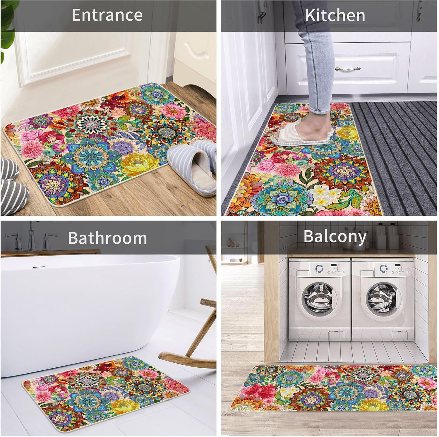 Boho Floral Kitchen Rug 1 Piece Mandala Floor Mats Flowers Kitchen Mat Comfort Non Slip Washable for Kitchen Farmhouse Indoor Home Decor, 17"x47"